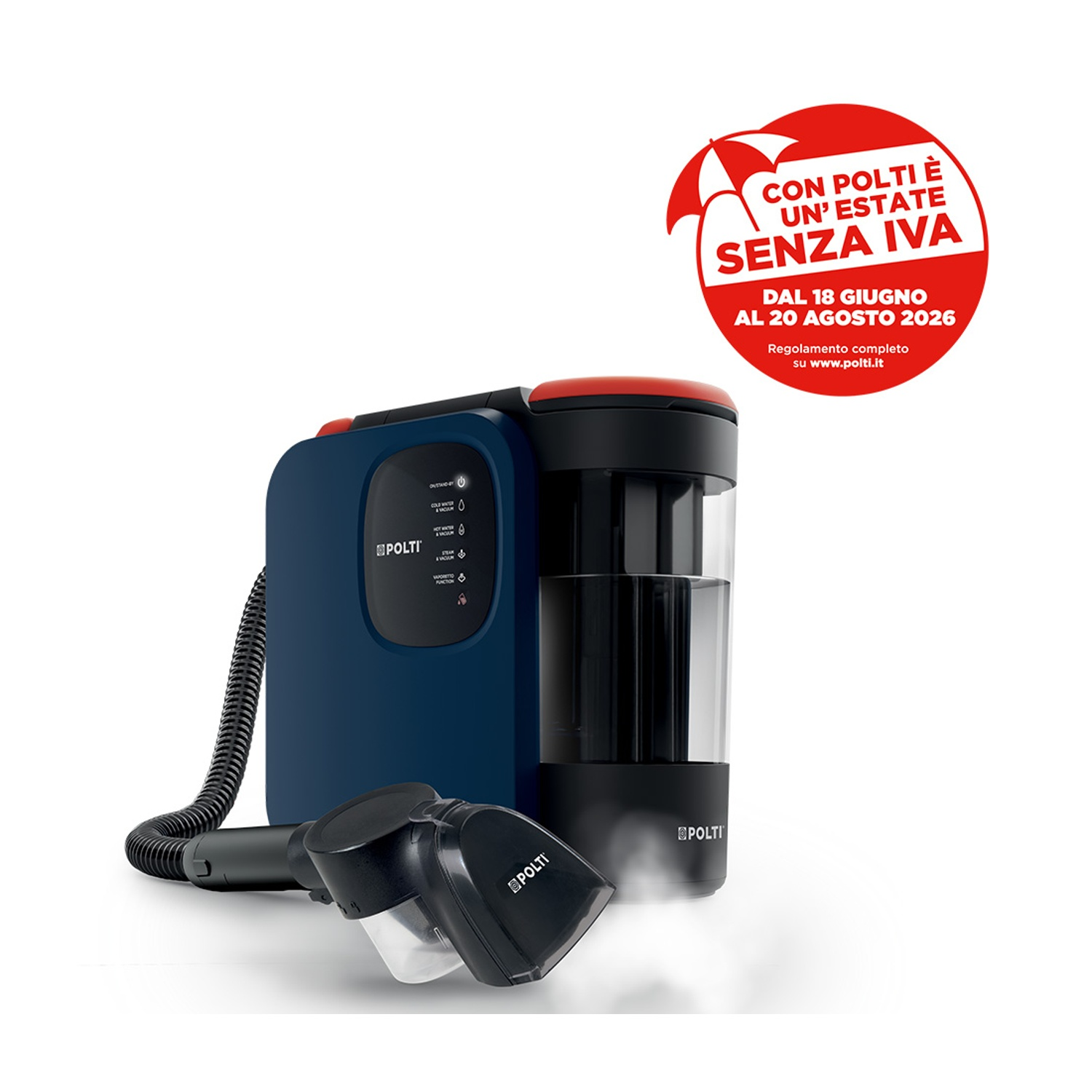 Pulitore a vapore blu con accessori e top rosso, con testo 'Estate senza IVA'.