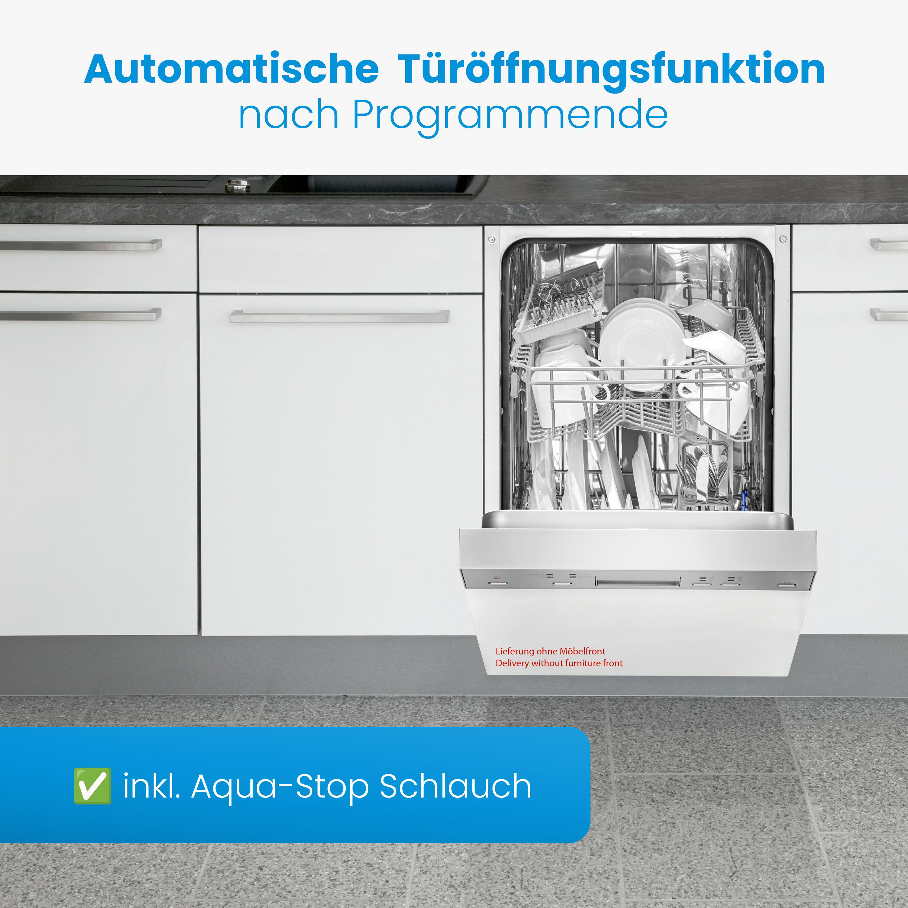 Geschirrspüler mit geöffneter Tür, gefüllt mit Geschirr. Unten ist ein blauer Balken.