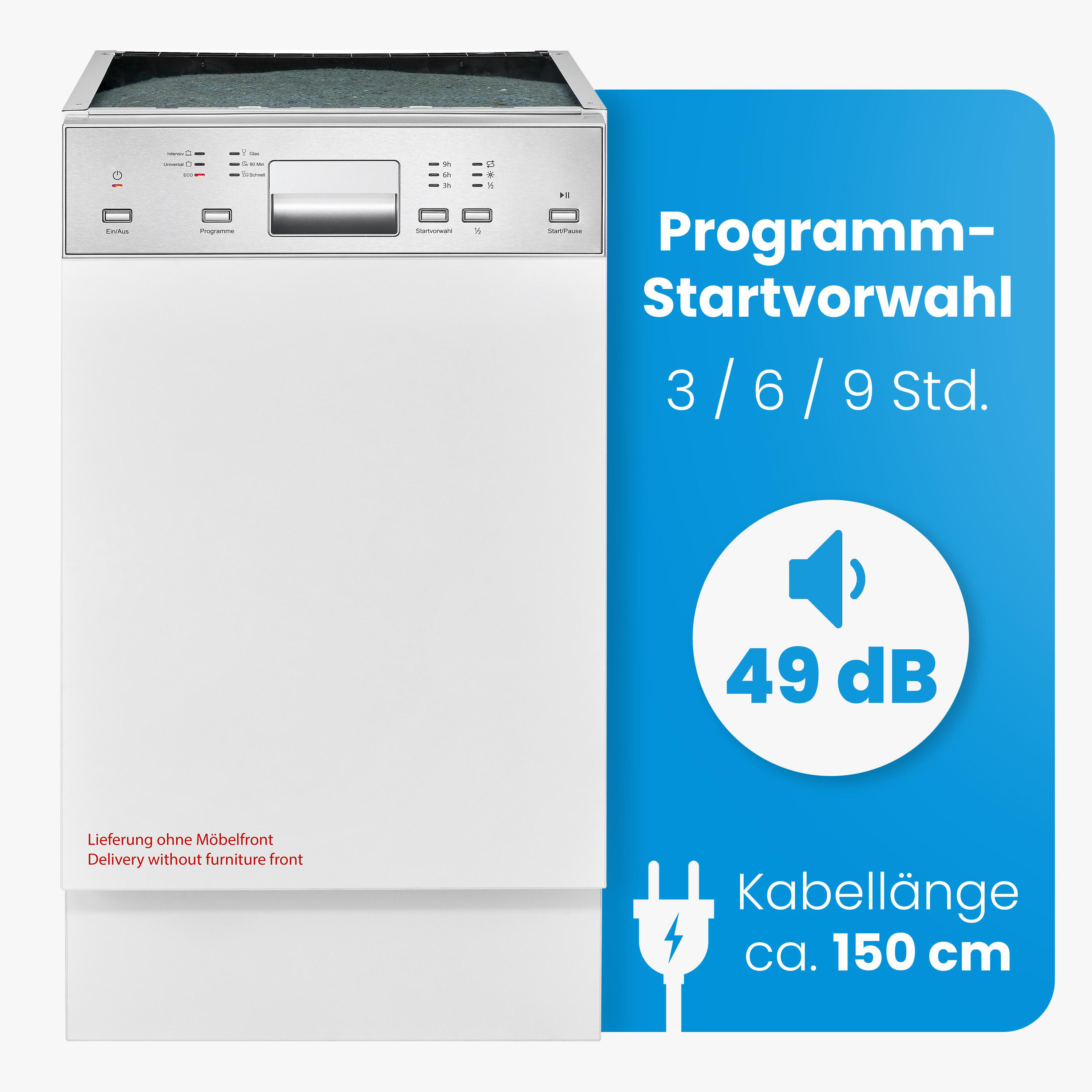 Ein weißer Geschirrspüler mit Bedienfeld und blauer Infobox rechts.