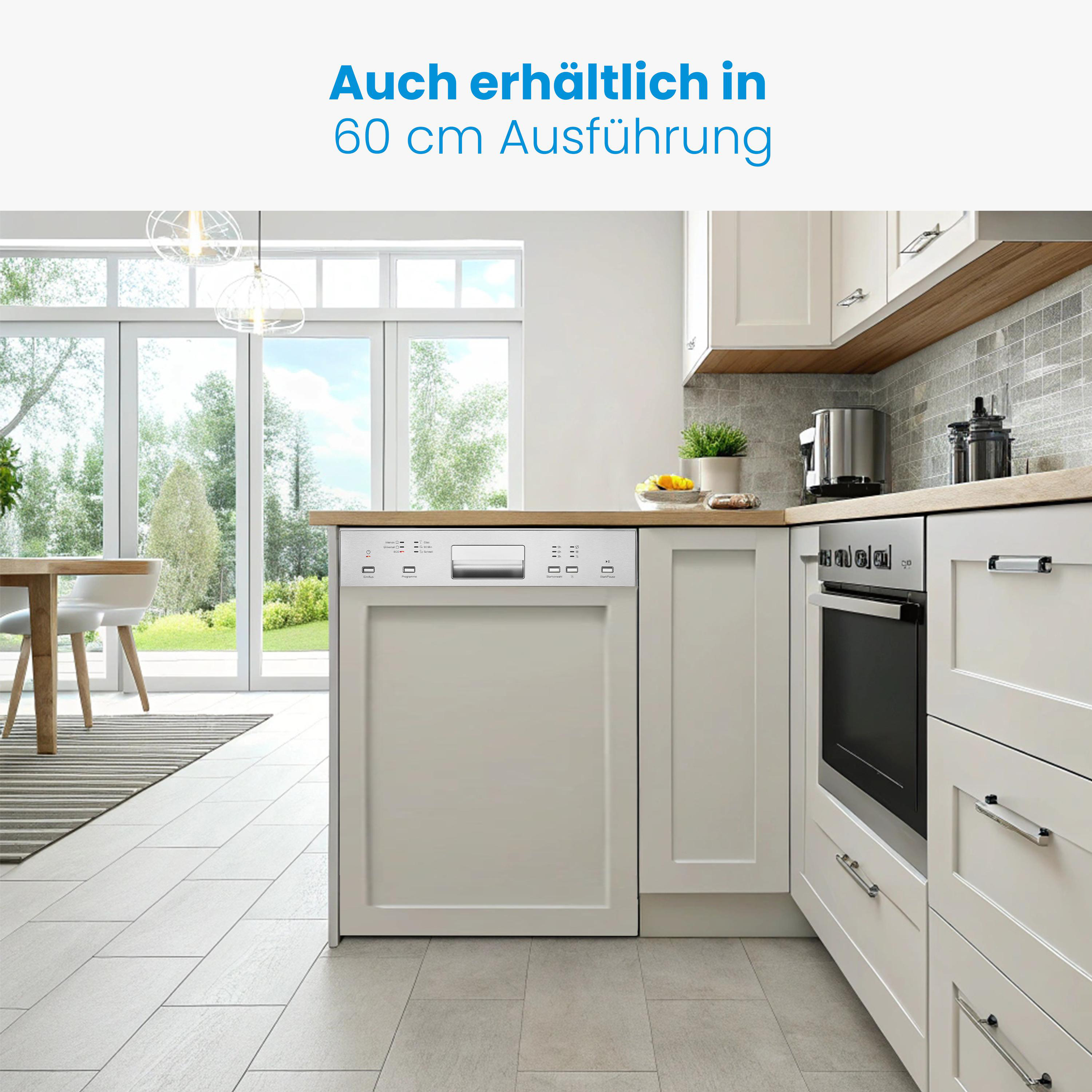 Moderne Küche mit Geschirrspüler, Backofen und Esstisch.