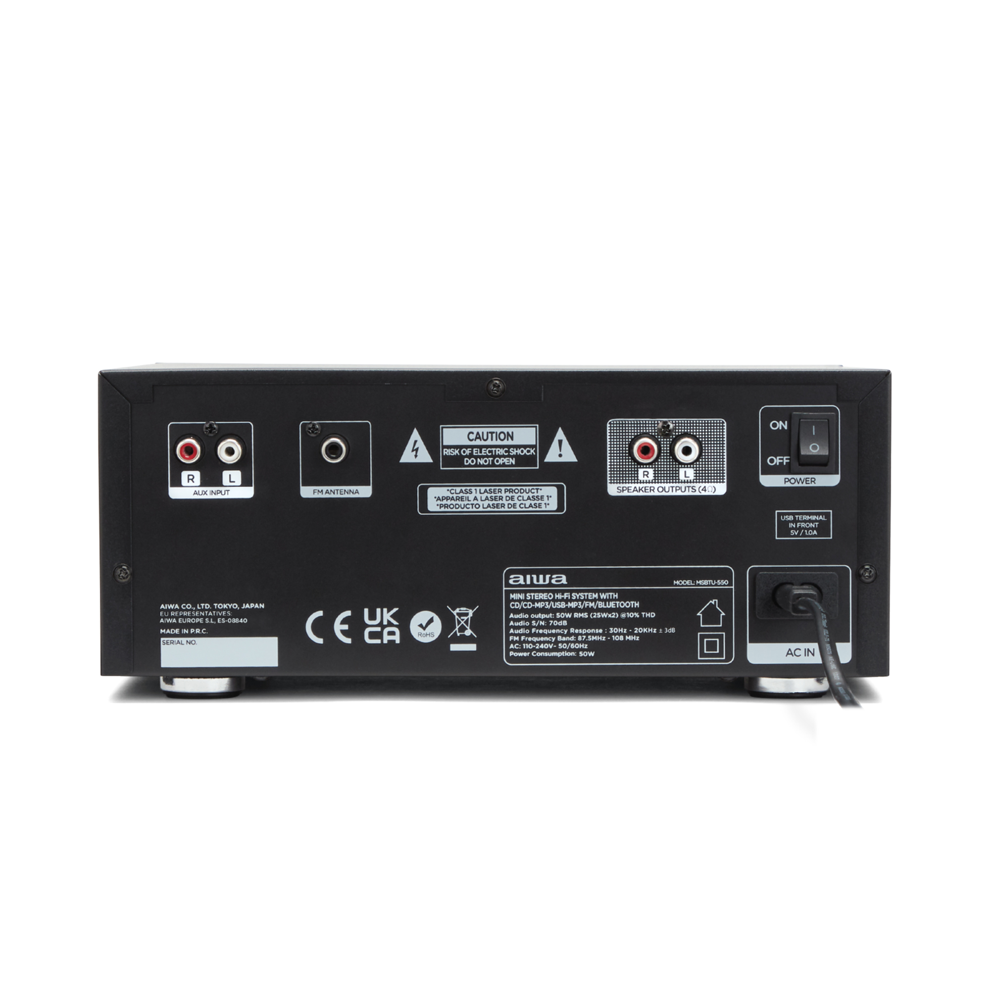 Rückseite eines schwarzen Aiwa Mini-Stereo-Hi-Fi-Systems mit Anschlüssen.