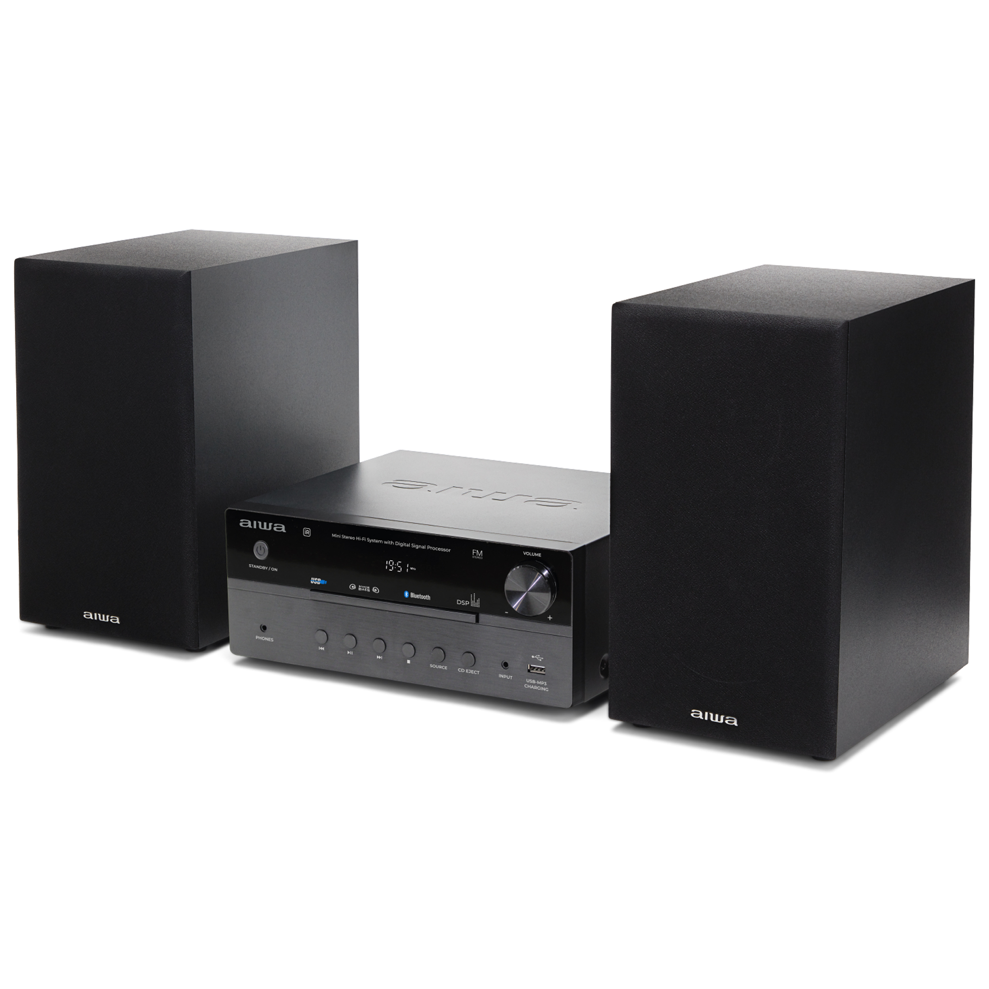 Schwarzes Aiwa Mini-Stereo-Hi-Fi-System mit zwei Lautsprechern und Frontbedienfeld.