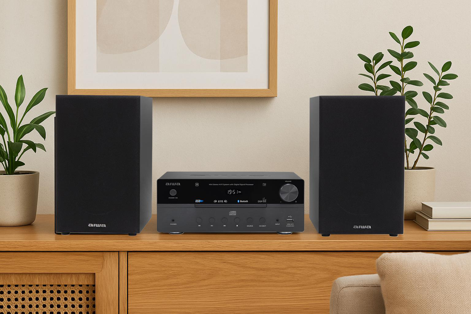 Schwarzes Hi-Fi-System mit zwei Lautsprechern und einem zentralen Receiver auf einem Holzregal.