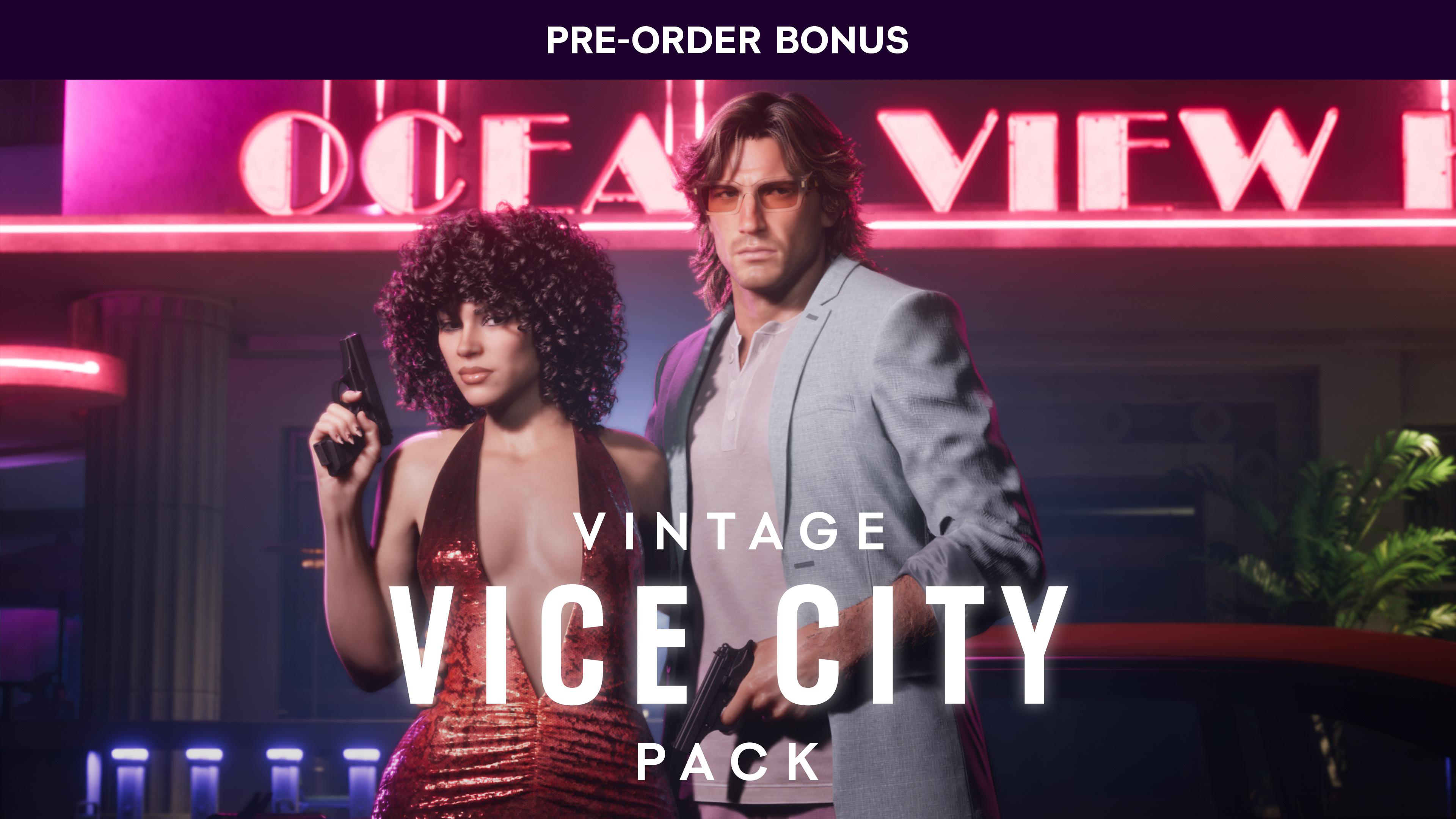 Mann und Frau mit Waffen vor Neonschildern. "Vintage Vice City Pack"