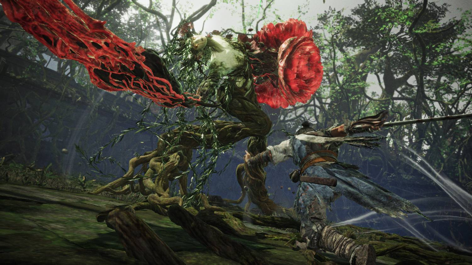 Un guerrero lucha contra una grotesca criatura vegetal con pétalos rojos en un bosque denso.