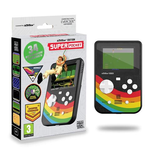 Consola Activision Super Pocket y caja con juegos y logos.