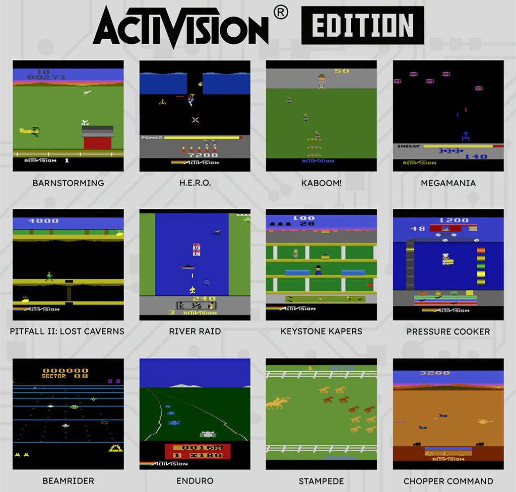 Collage de 12 capturas de pantalla de juegos de Activision con títulos.