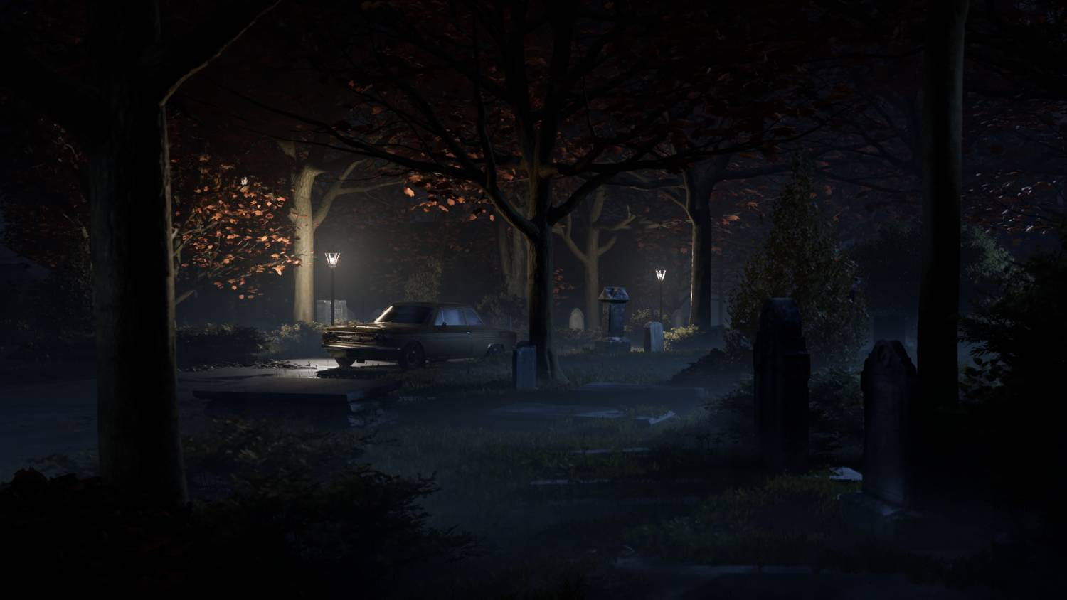 Una escena oscura de cementerio por la noche con farolas y un coche.