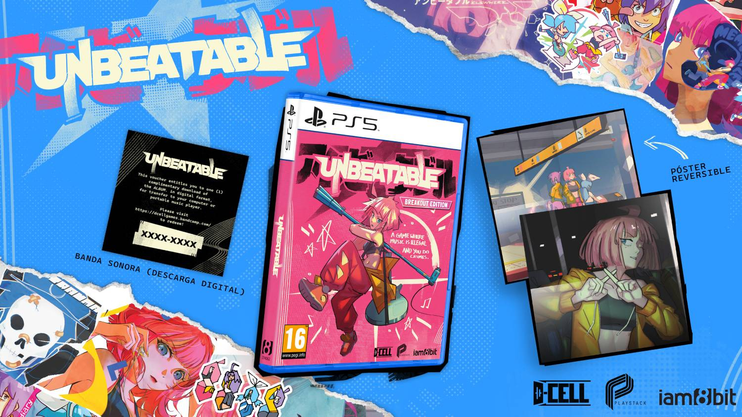 Juego PS5 "Unbeatable Breakout Edition" con vale de banda sonora y pósters.