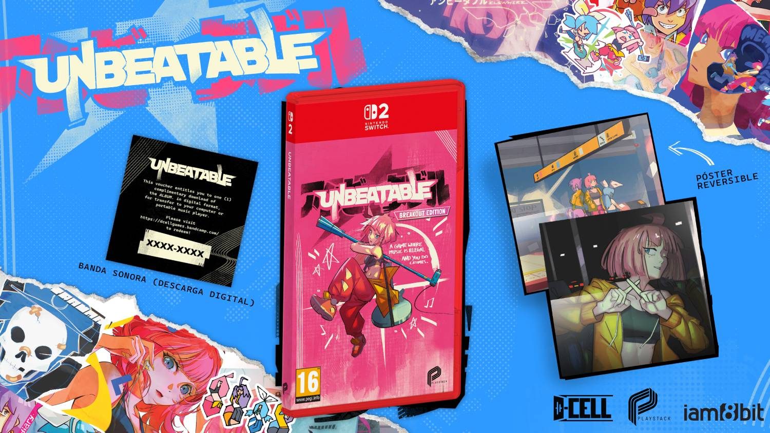La Edición Breakout de Unbeatable para Nintendo Switch, con carátula, vale y póster.