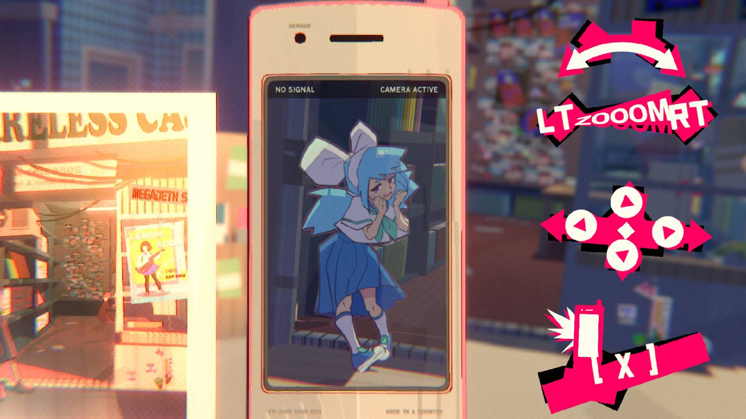 Un teléfono muestra un personaje de anime con pelo azul. Un cartel a la izquierda.