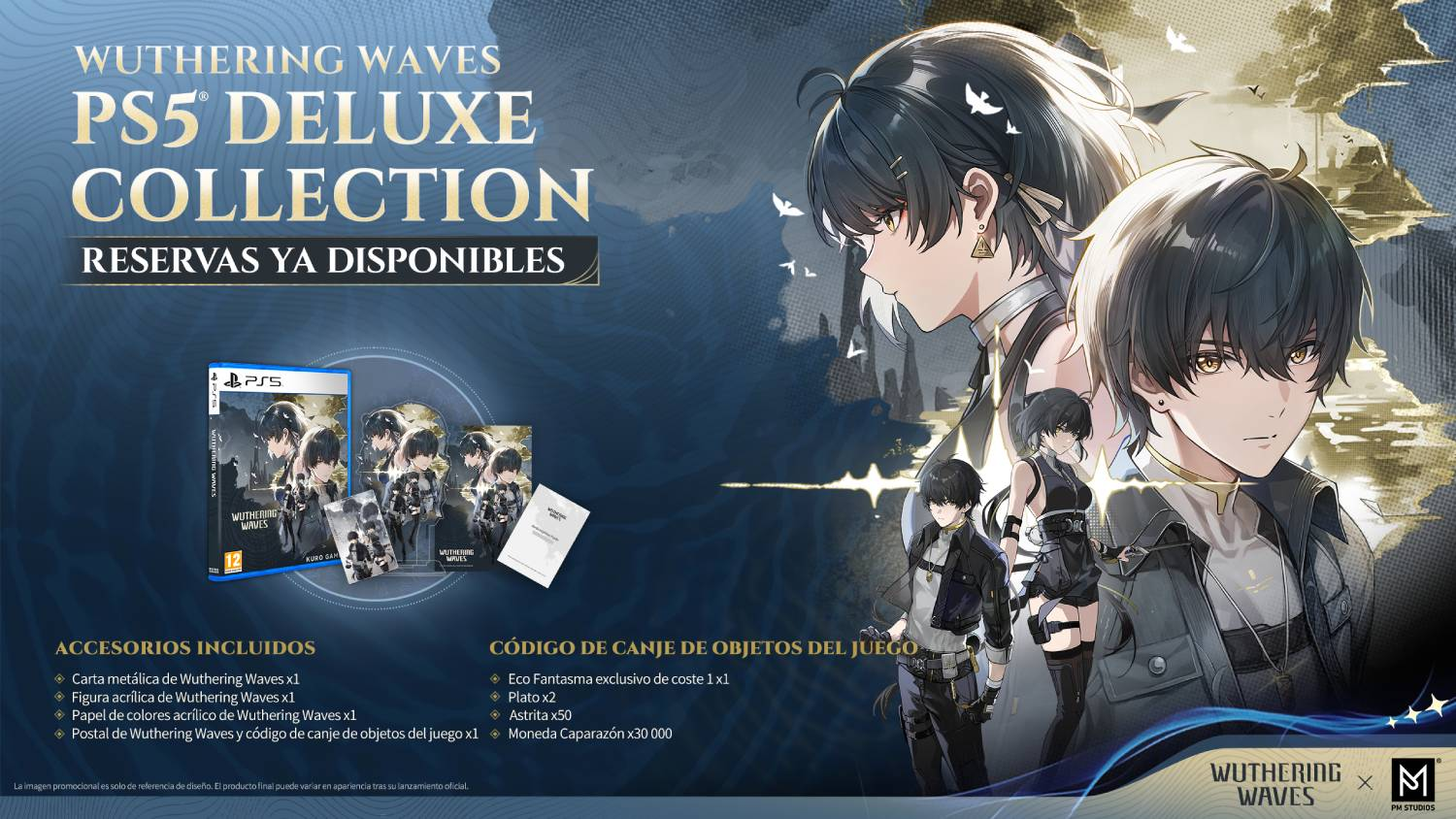 Colección Deluxe Wuthering Waves PS5 con personajes de anime, juego y accesorios.