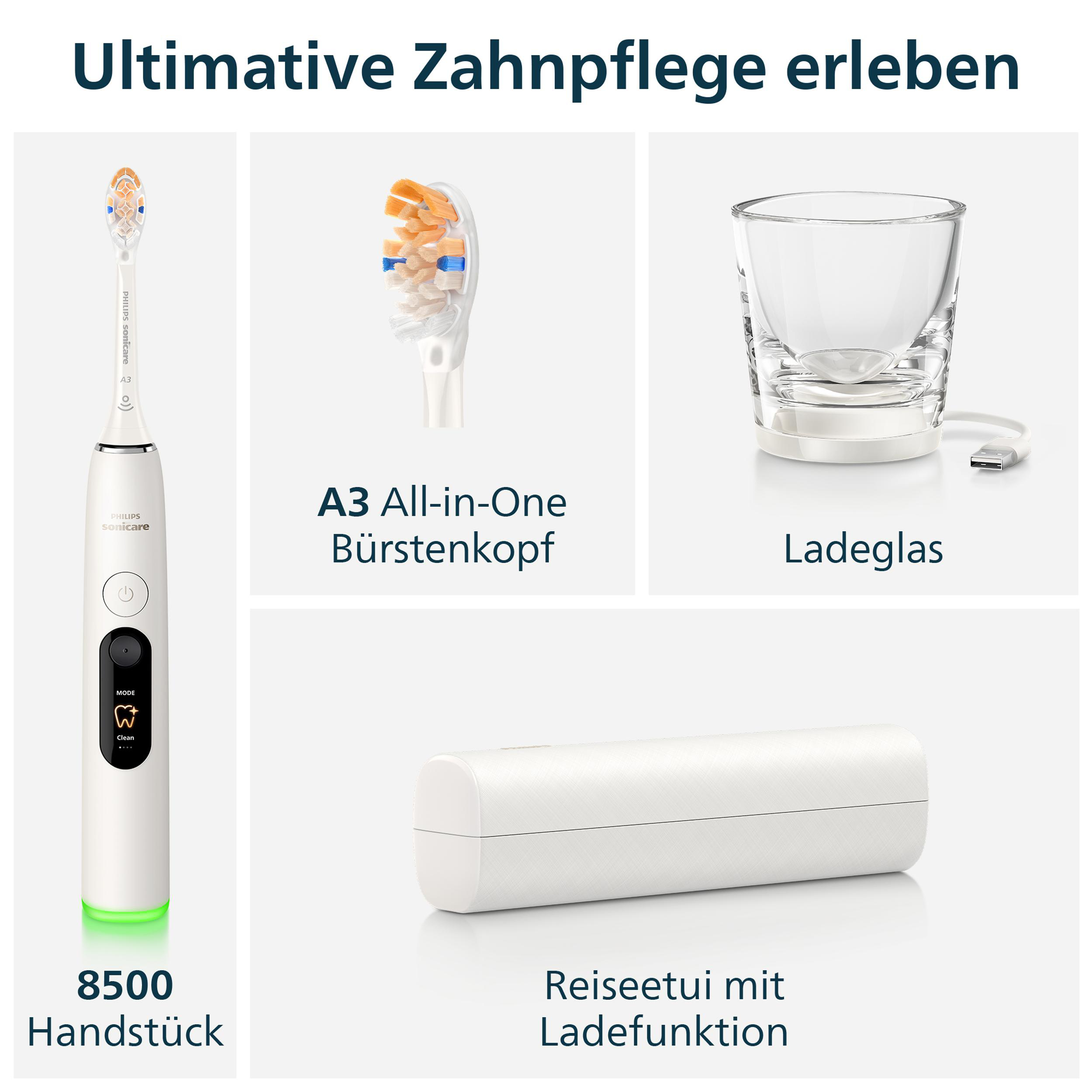 Elektrische Zahnbürste mit Zubehör: Handstück, Bürstenkopf, Ladeglas, Reiseetui.