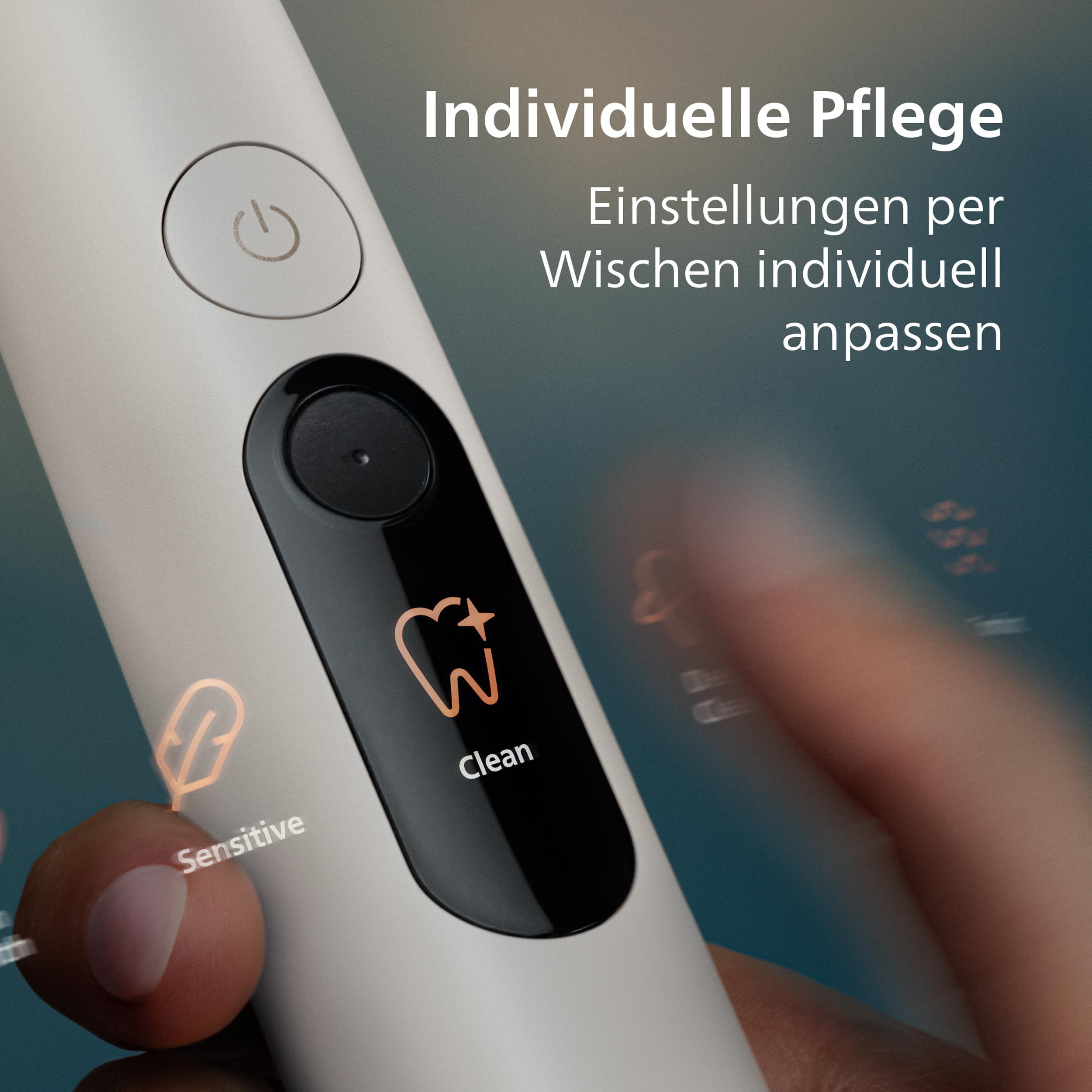 Ein weißes elektronisches Gerät mit einem Knopf und einem Touchscreen für die Zahnpflege.