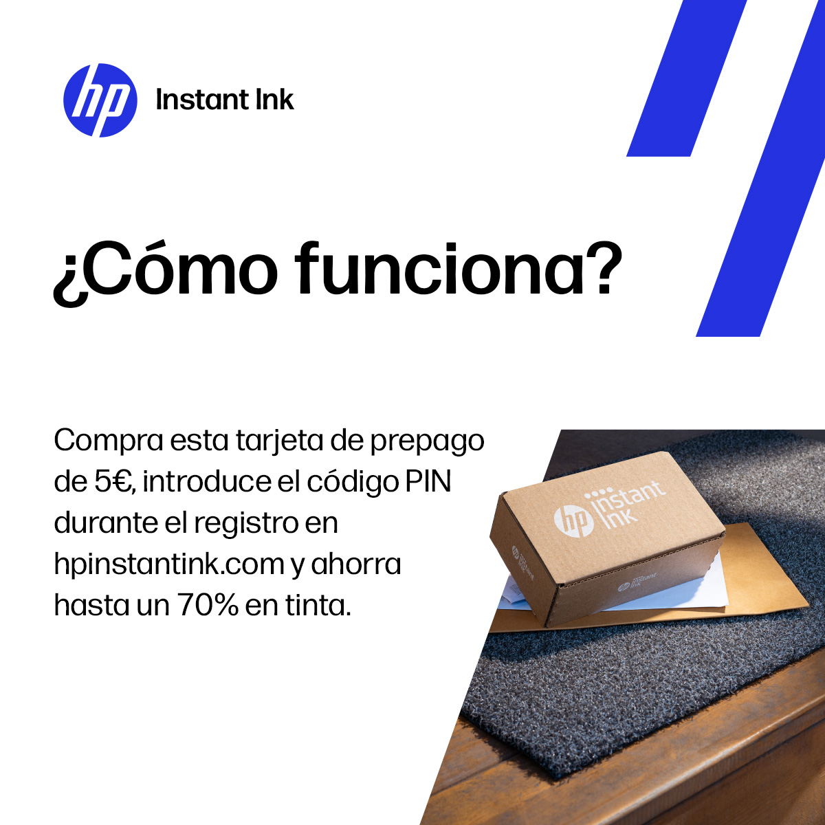 Paquete HP Instant Ink con instrucciones sobre una alfombra, pregunta '¿Cómo funciona?'