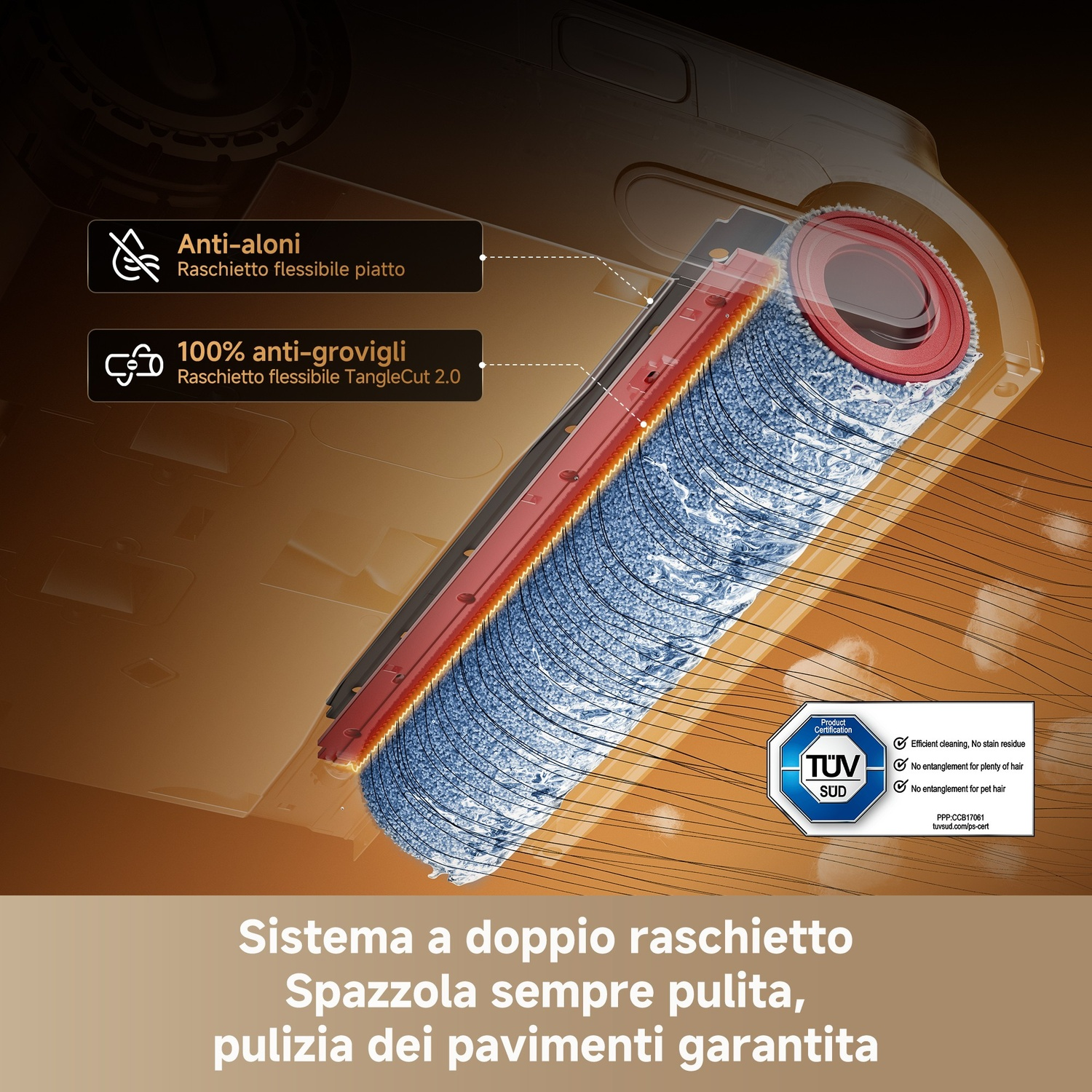 Primo piano di una spazzola per pulizia pavimenti con funzioni anti-peli e anti-grovigli.