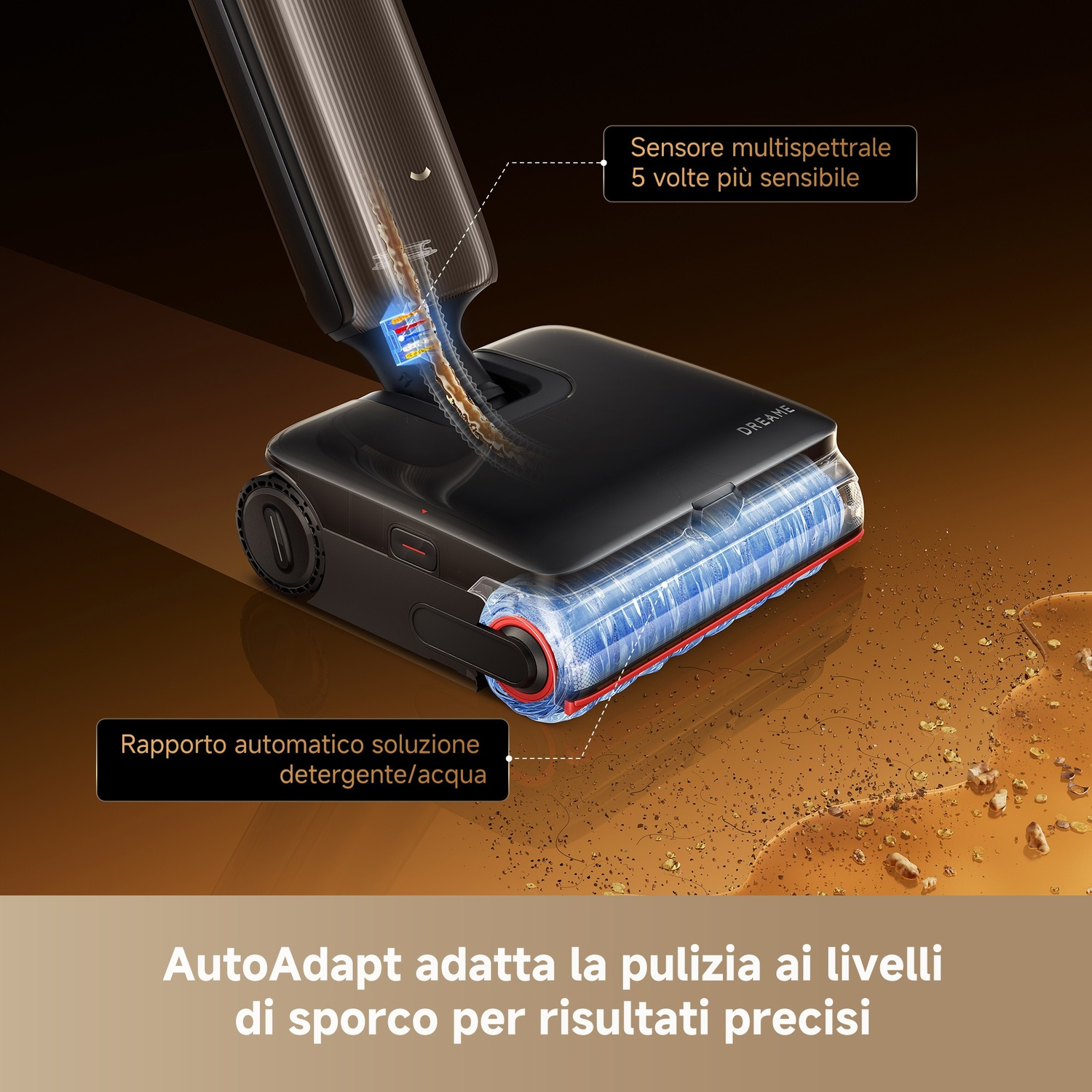 Testina aspirapolvere nera con sezione trasparente che mostra spazzole, pulisce pavimento sporco.