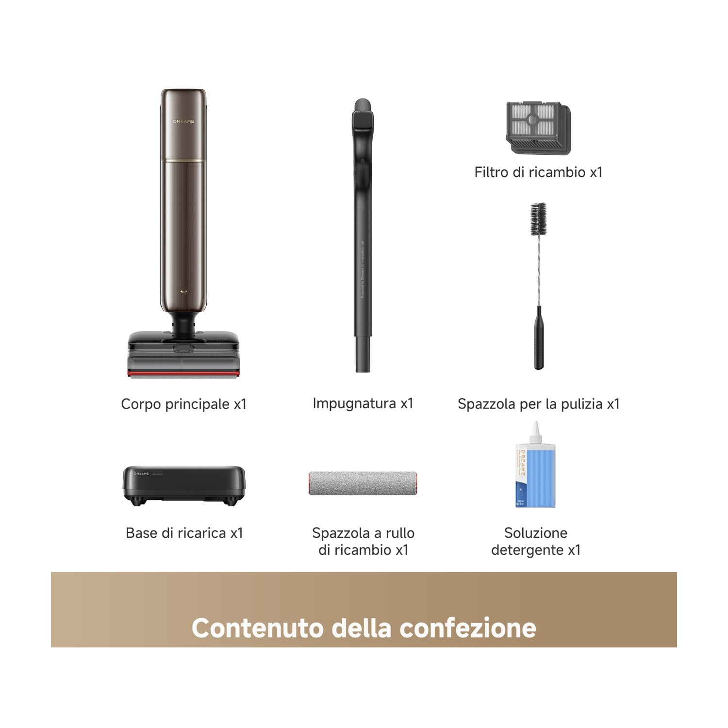 Aspirapolvere senza fili e accessori: corpo principale, manico, filtro, spazzola, base di ricarica, rullo, soluzione.