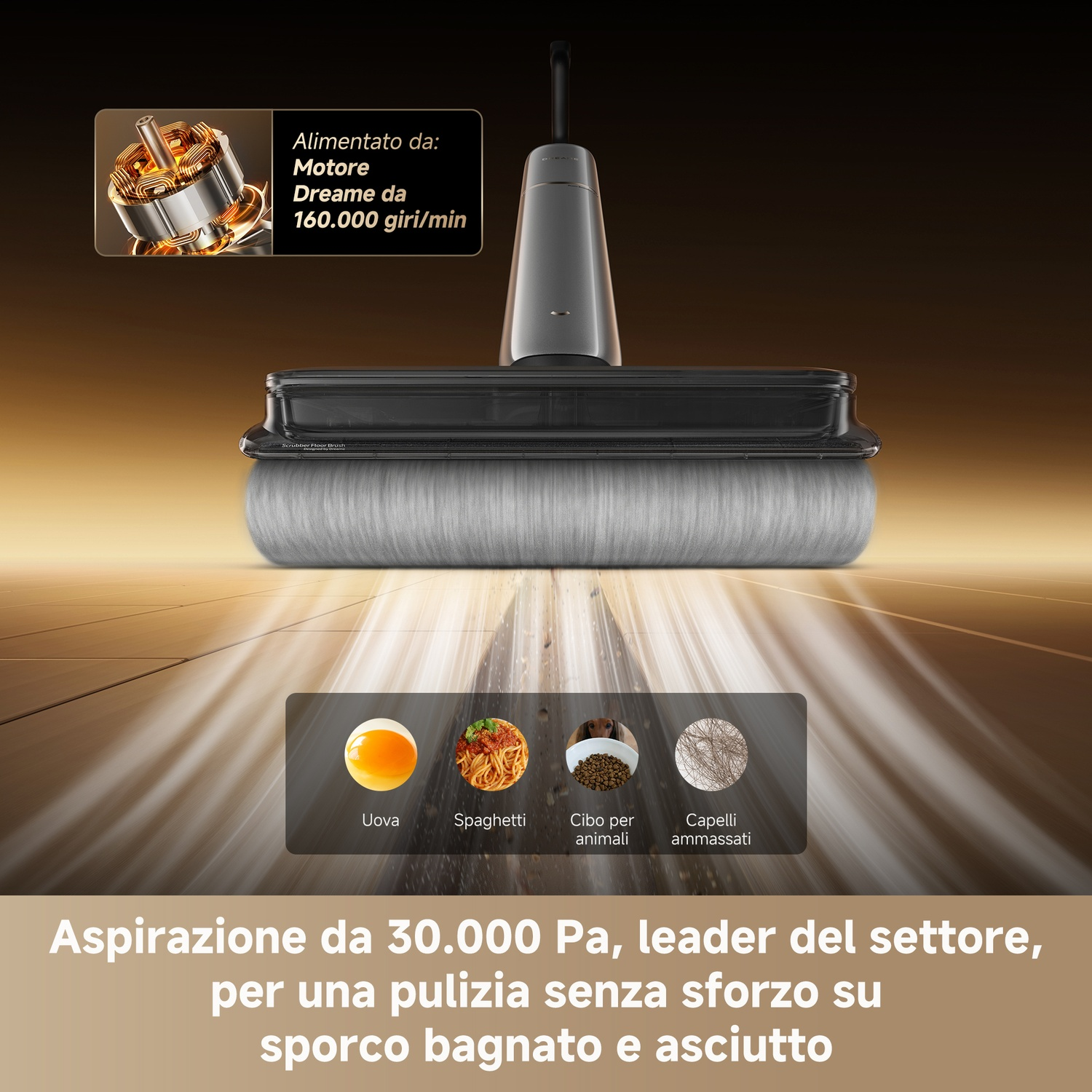 Spazzola pavimento aspirapolvere con motore (160k giri/min), aspira uova, spaghetti, cibo.