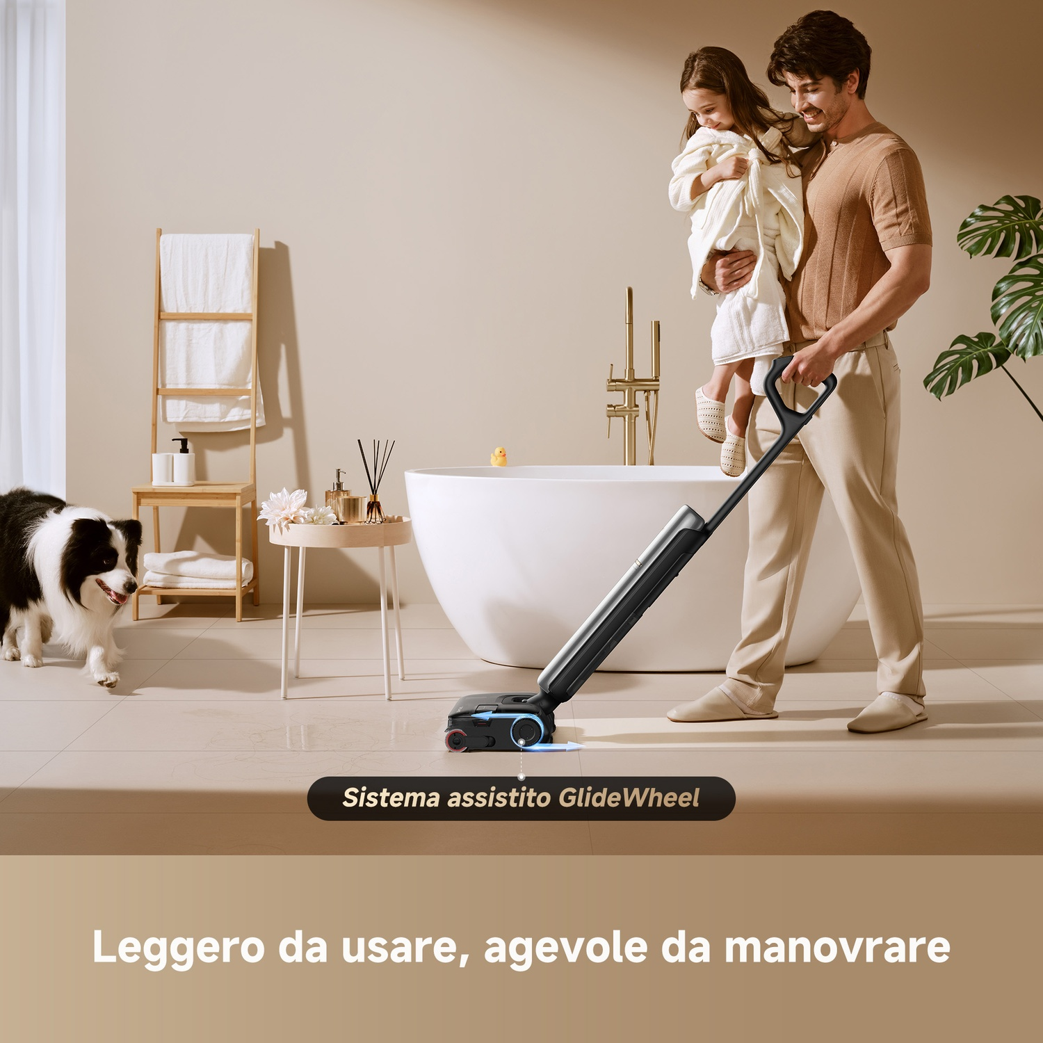 Uomo tiene figlia, usa aspirapolvere in bagno con cane.