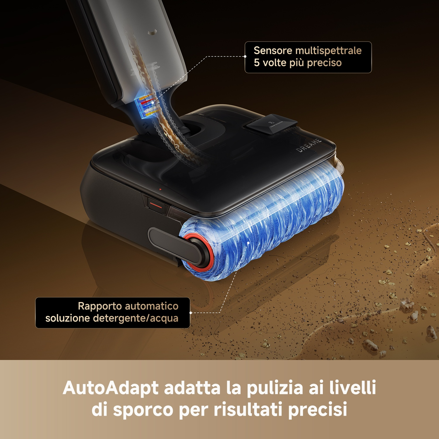 Aspiratore senza fili con sensore multispettrale e spazzola si adatta al livello di sporco.