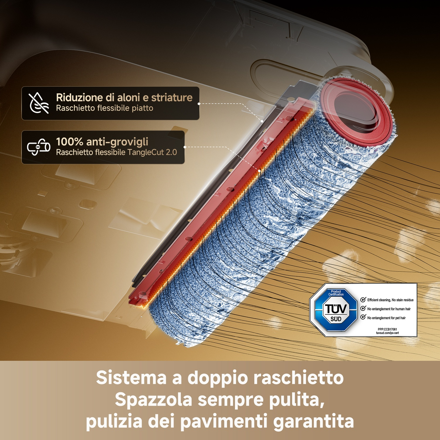 Primo piano di un rullo spazzola a doppio raschietto con certificazione.
