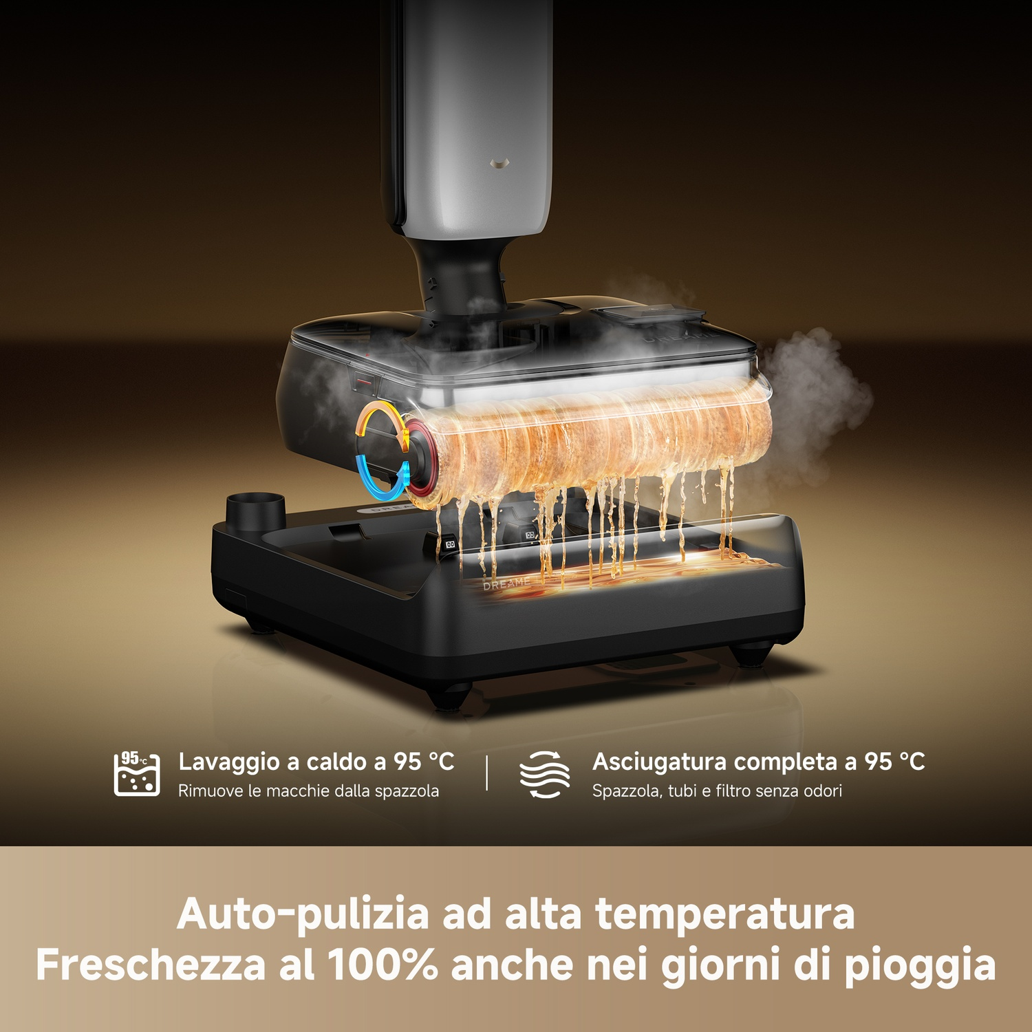 Lavaggio a caldo a 95°C con pulizia e asciugatura spazzola.