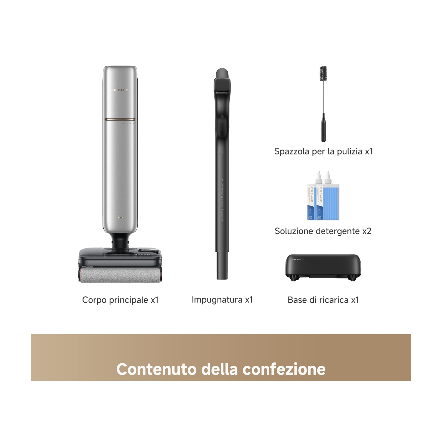 Un corpo principale, impugnatura, base di ricarica, spazzola e due flaconi detergente.