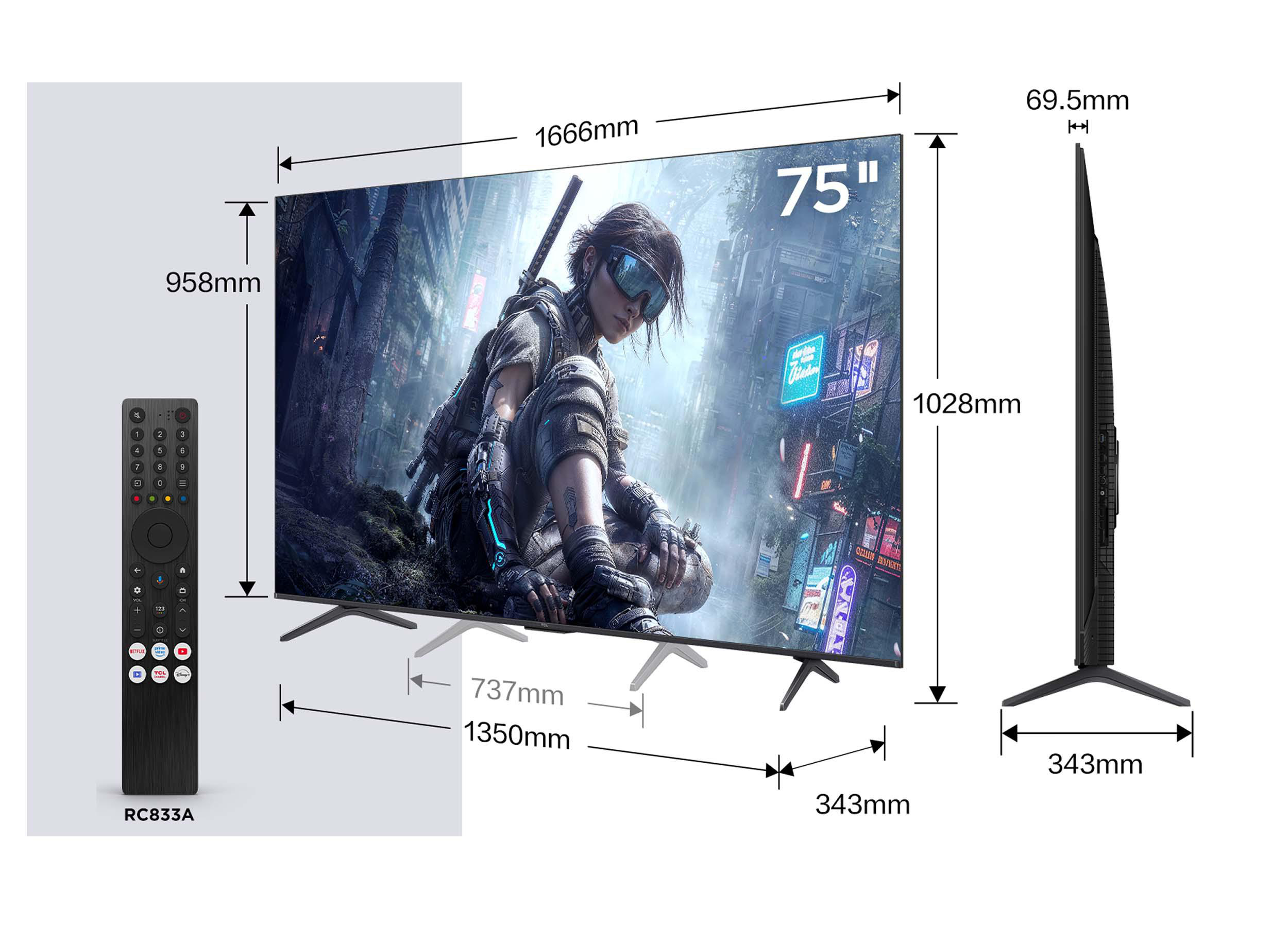 75-Zoll-Fernseher mit Bild und Fernbedienung. Maße sind angegeben.