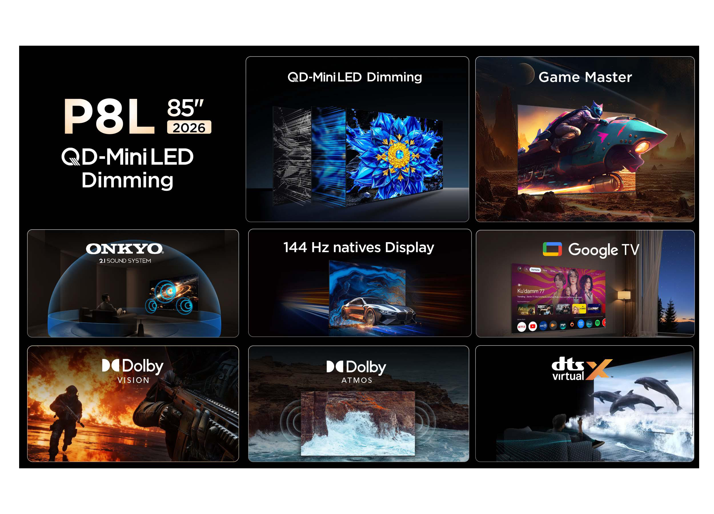 Bildschirm mit QD-Mini-LED-Dimmung, Game Master, 144 Hz, Google TV, Dolby Vision/Atmos, DTS:X.