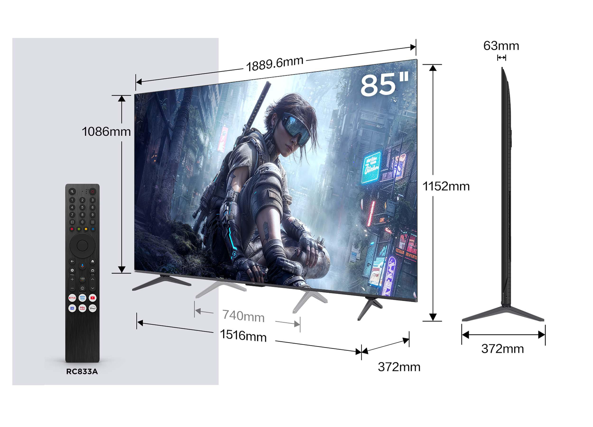 Ein 85-Zoll-Fernseher mit futuristischer Grafik und Fernbedienung. Maße gezeigt.