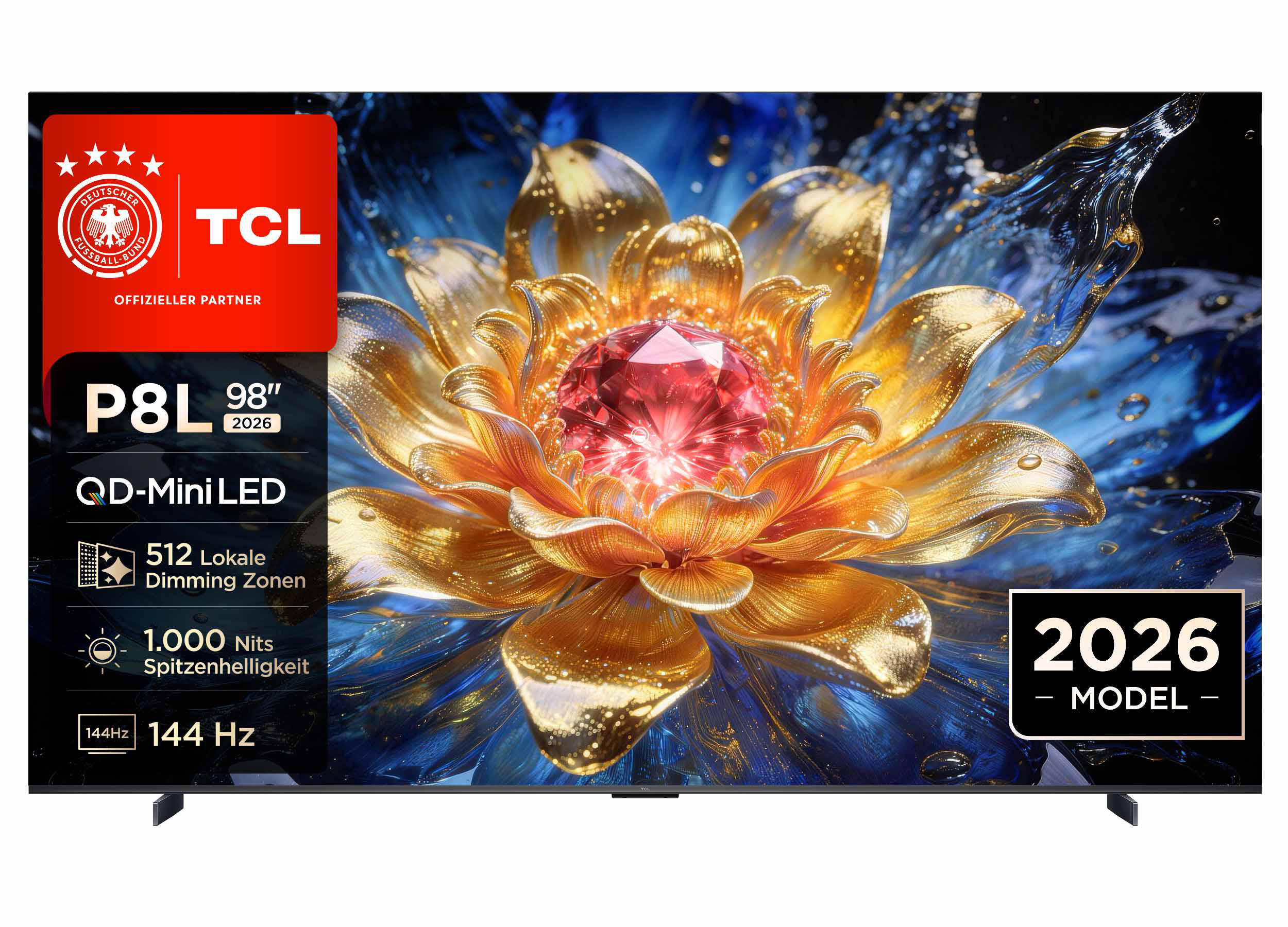 Ein TCL Fernseher mit 98 Zoll QD-Mini LED, 512 Dimmzonen, 1000 Nits.