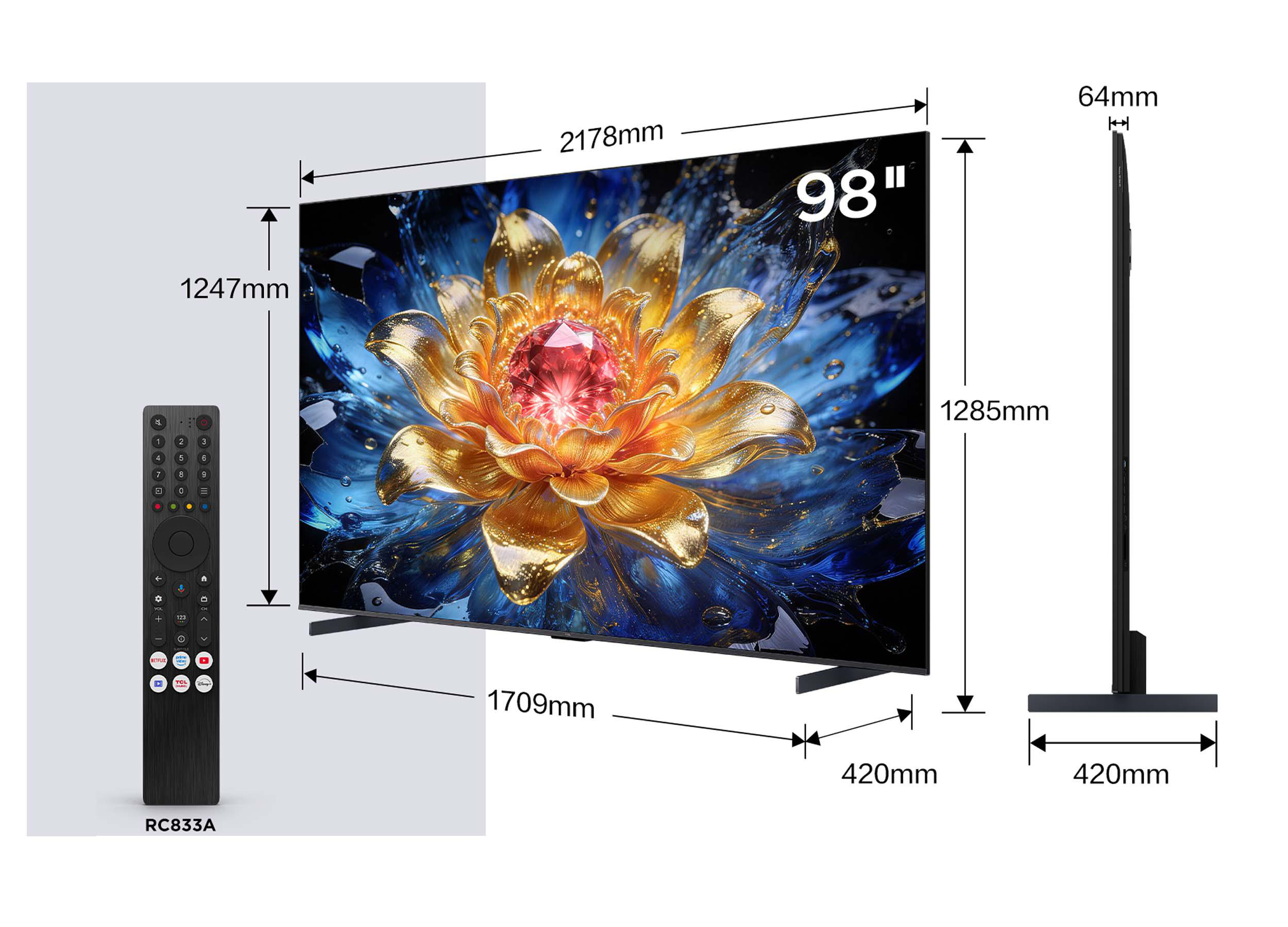 Ein 98-Zoll-Fernseher mit einem Bild einer Blume, daneben eine Fernbedienung.