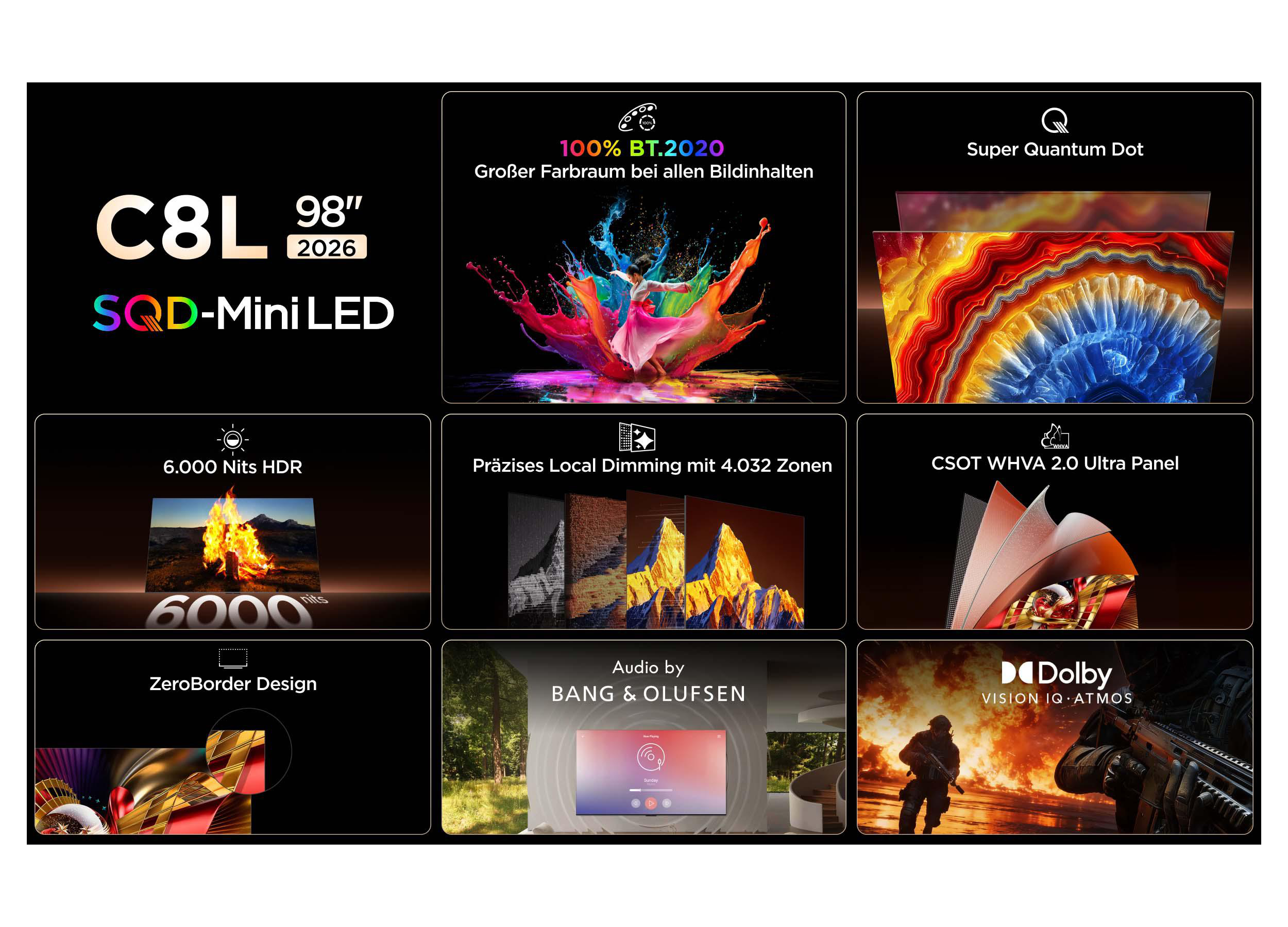 Ein Raster von Bildern, das TV-Funktionen zeigt: C8L 98 Zoll, Quantum Dot, HDR, Local Dimming, Design.