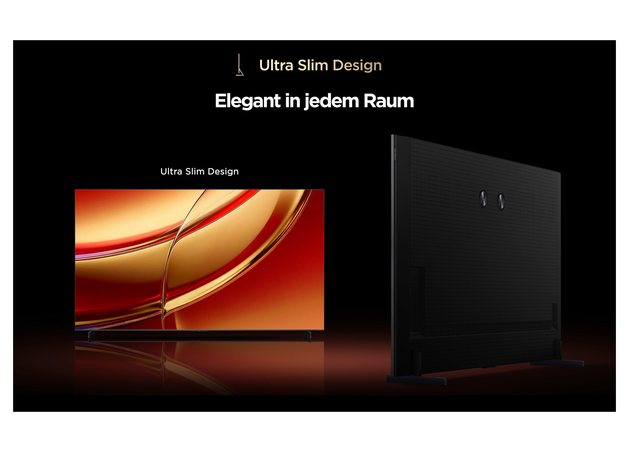 Schwarzer Fernseher mit rotem und goldenem Muster auf dem Bildschirm, und Rückseite.