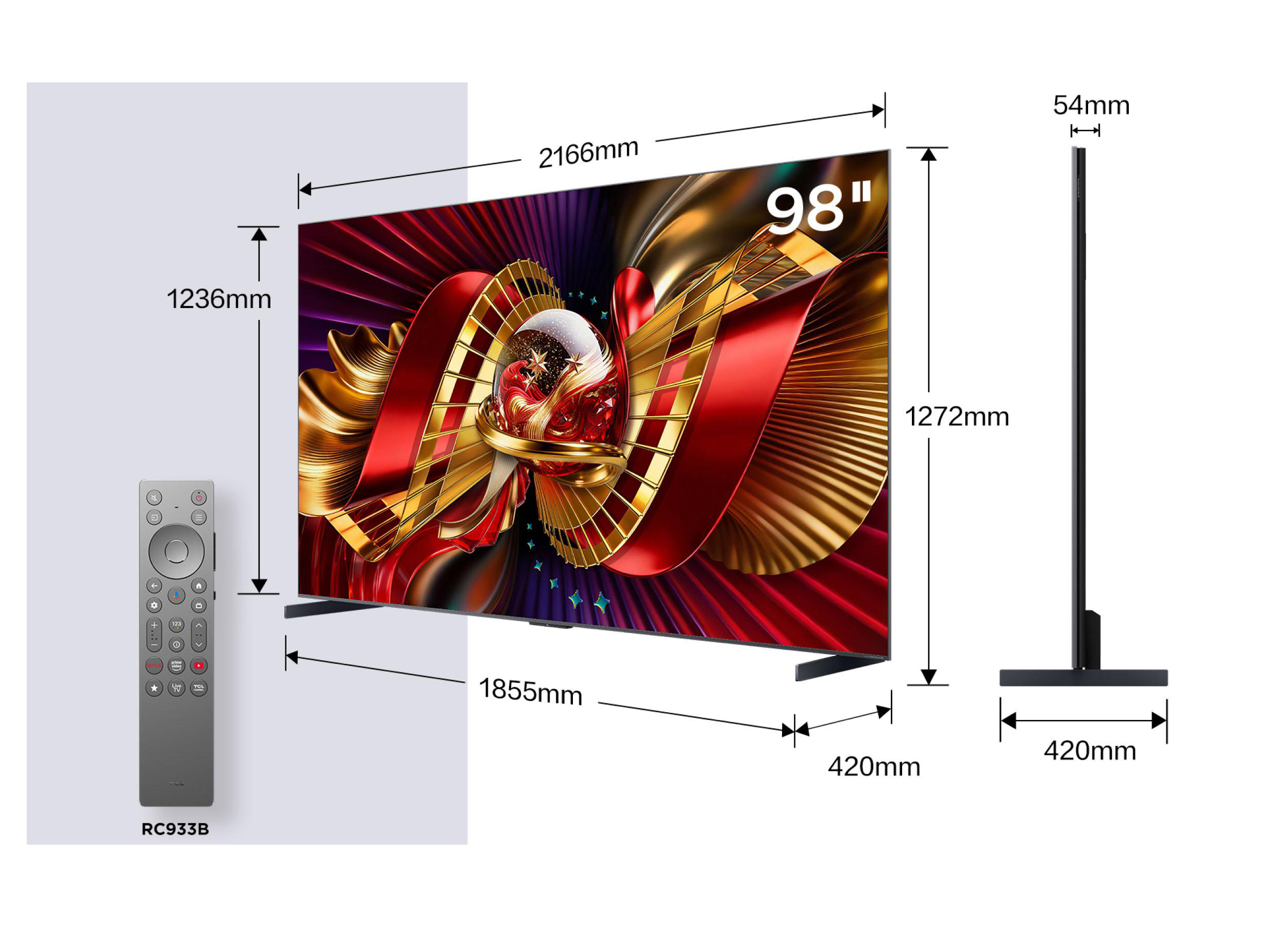 Ein 98-Zoll-Fernseher mit den Maßen 2166x1236x54mm, mit Fernbedienung.