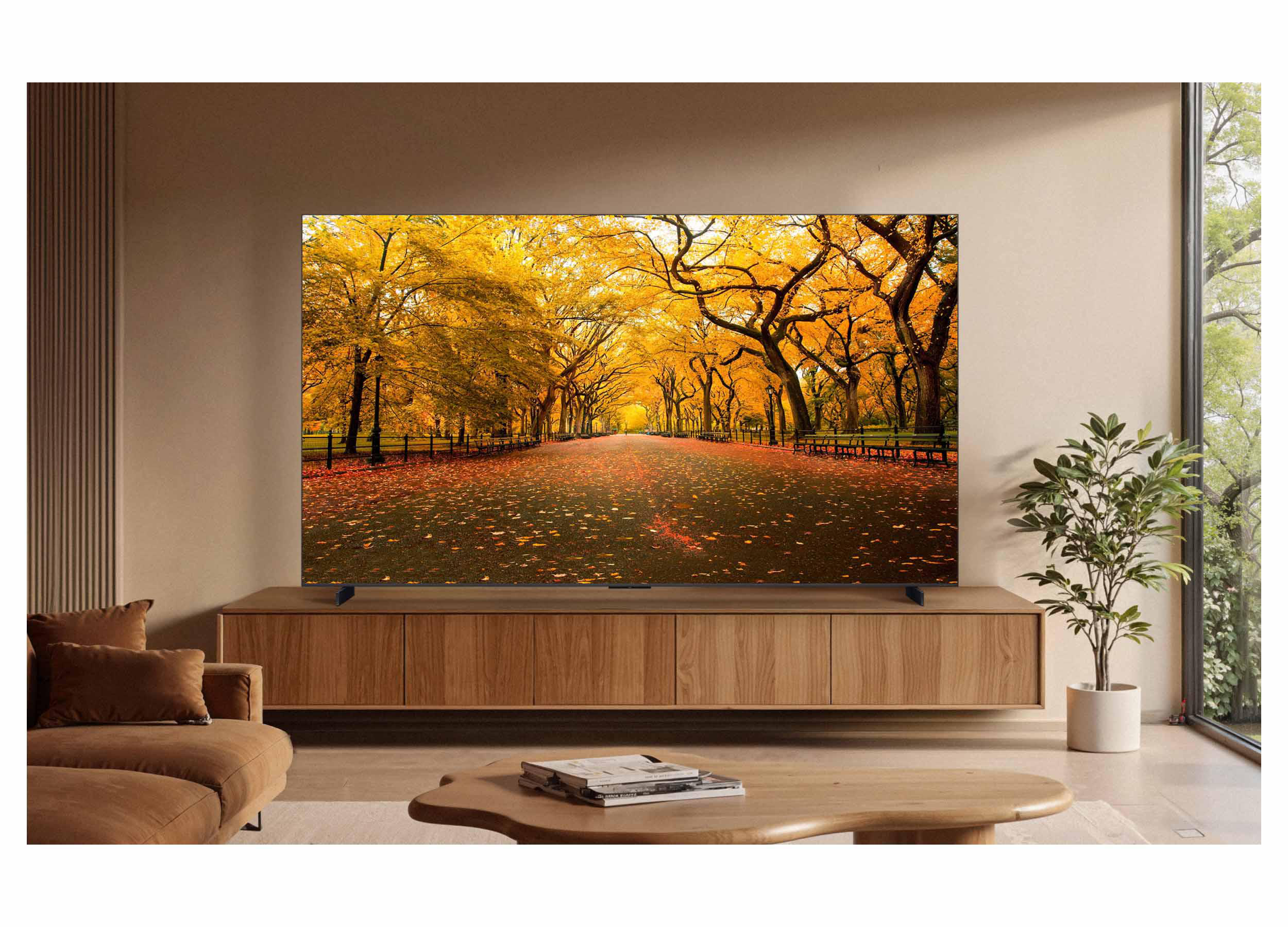 Ein Fernseher zeigt eine Allee mit Herbstlaub und Bäumen mit gelben Blättern.