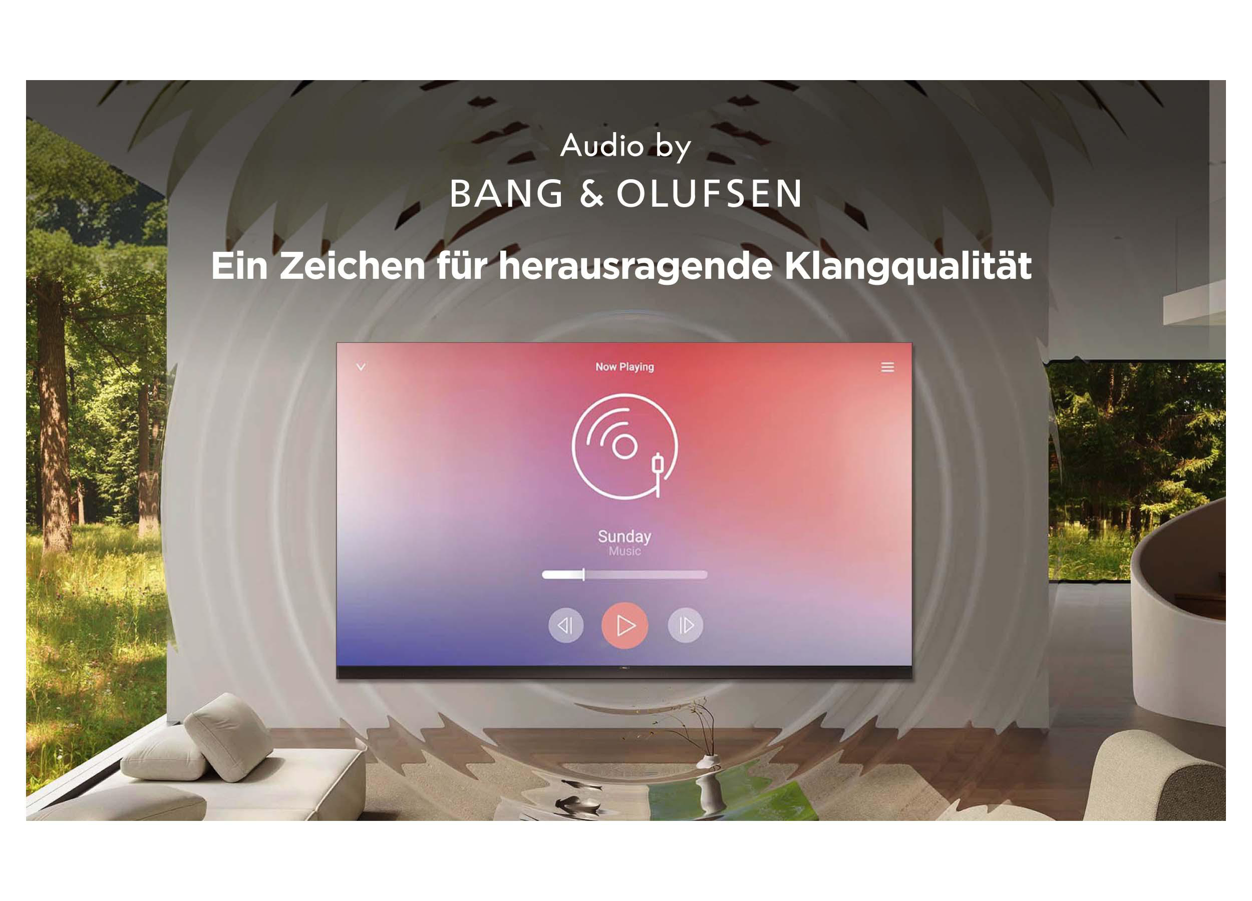 Ein Fernseher mit Bang & Olufsen Audio zeigt Musikwiedergabe an.