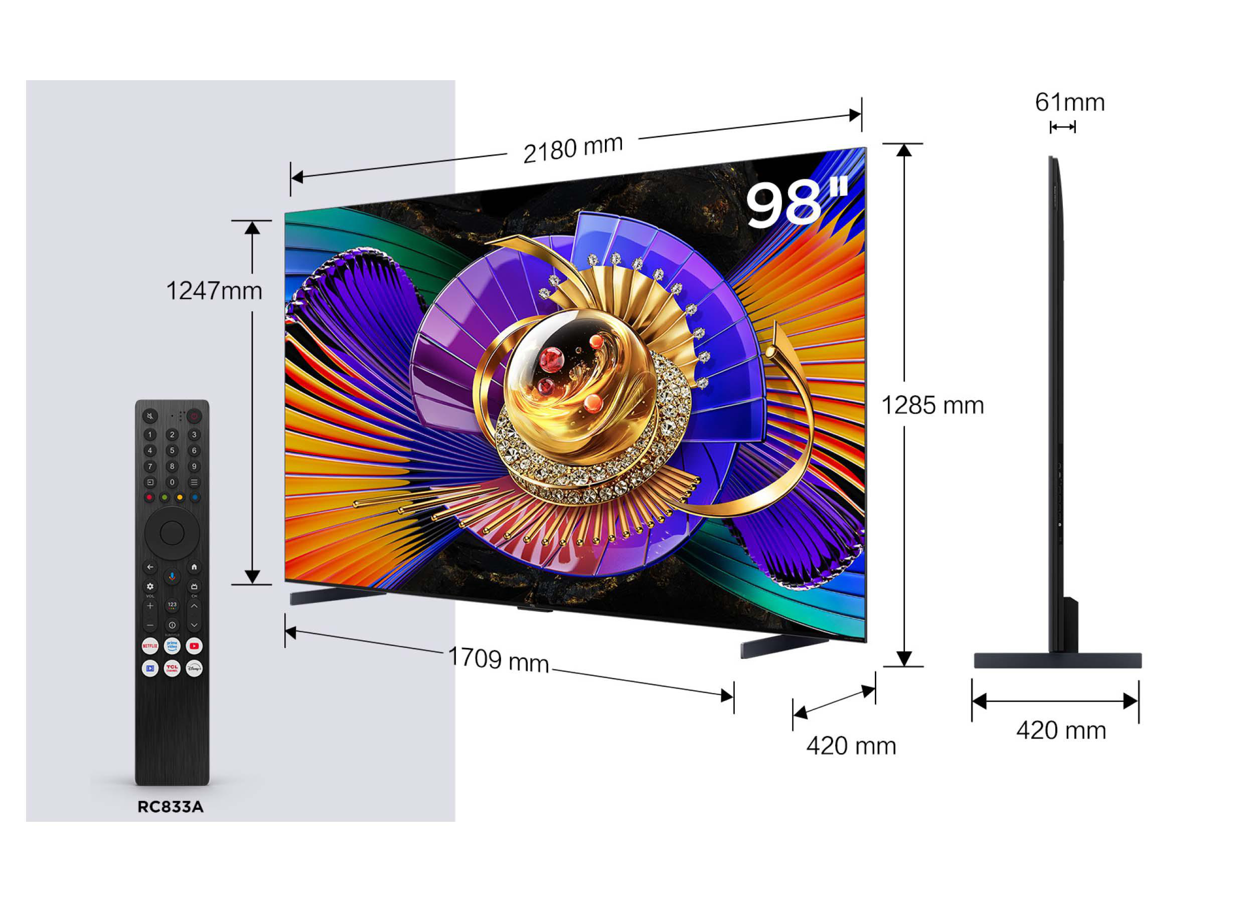 98-Zoll-Fernseher mit Fernbedienung, Maße angegeben.