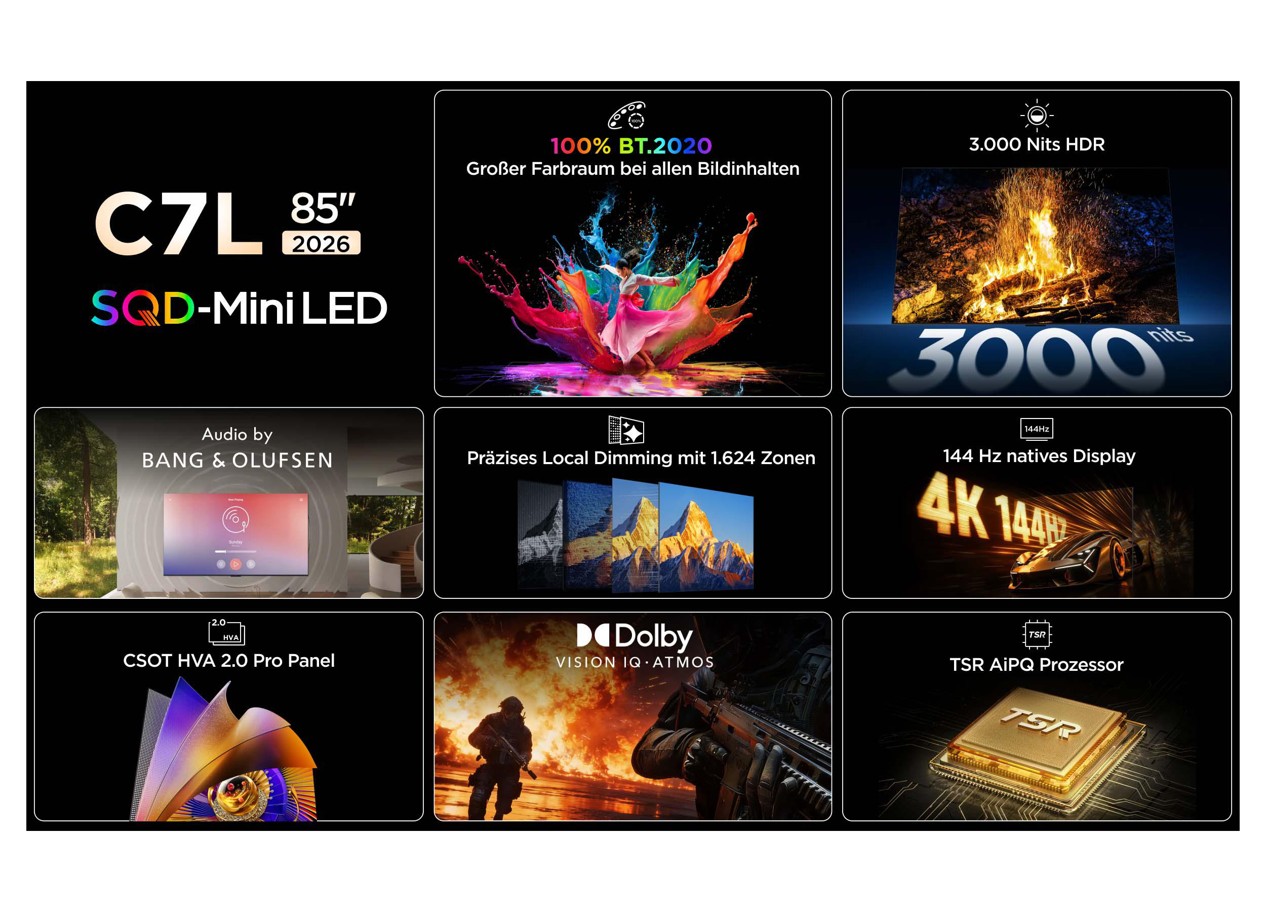 Produktübersicht: C7L 85" TV mit Mini-LED, HDR, 144Hz, Dolby Vision.