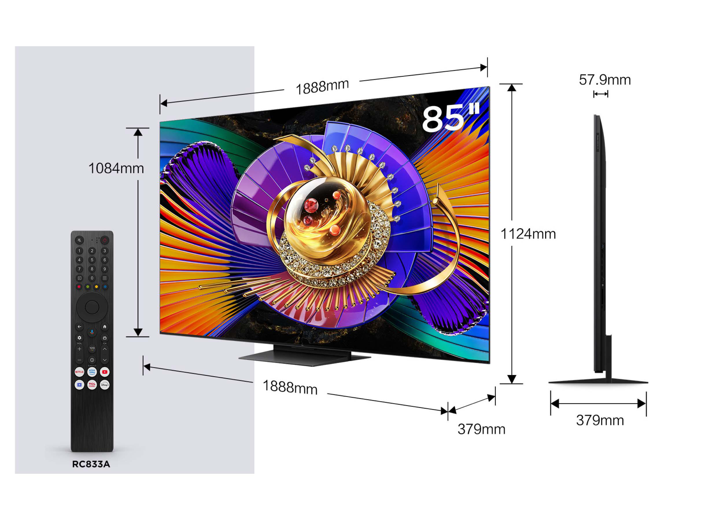 Ein 85-Zoll-Fernseher mit Fernbedienung und Maßen.