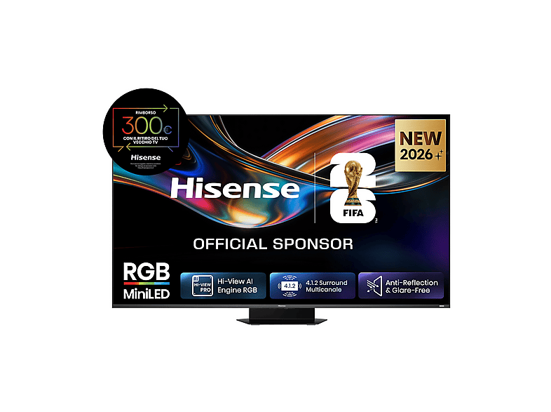 HISENSE 65UR9S, Smart TV RGB MiniLED 170Hz 65'' 4K, Schermo Anti-Riflesso, 100% BT2020, Dolby Atmos 4.1.2 By Devialet, Vision IQ, VIDAA OS, USB-C, Native Game Mode, Wifi 6E, BT, lativù 4K