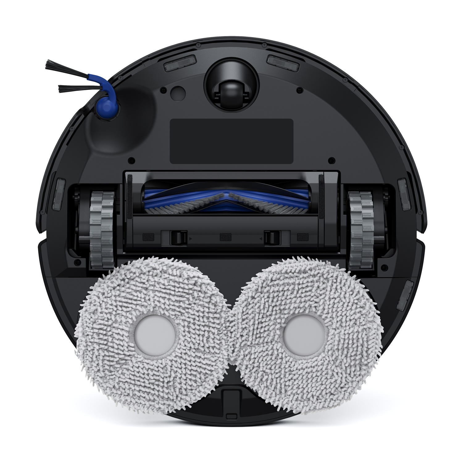 Parte inferiore di un robot aspirapolvere nero con spazzole, ruote e due panni.