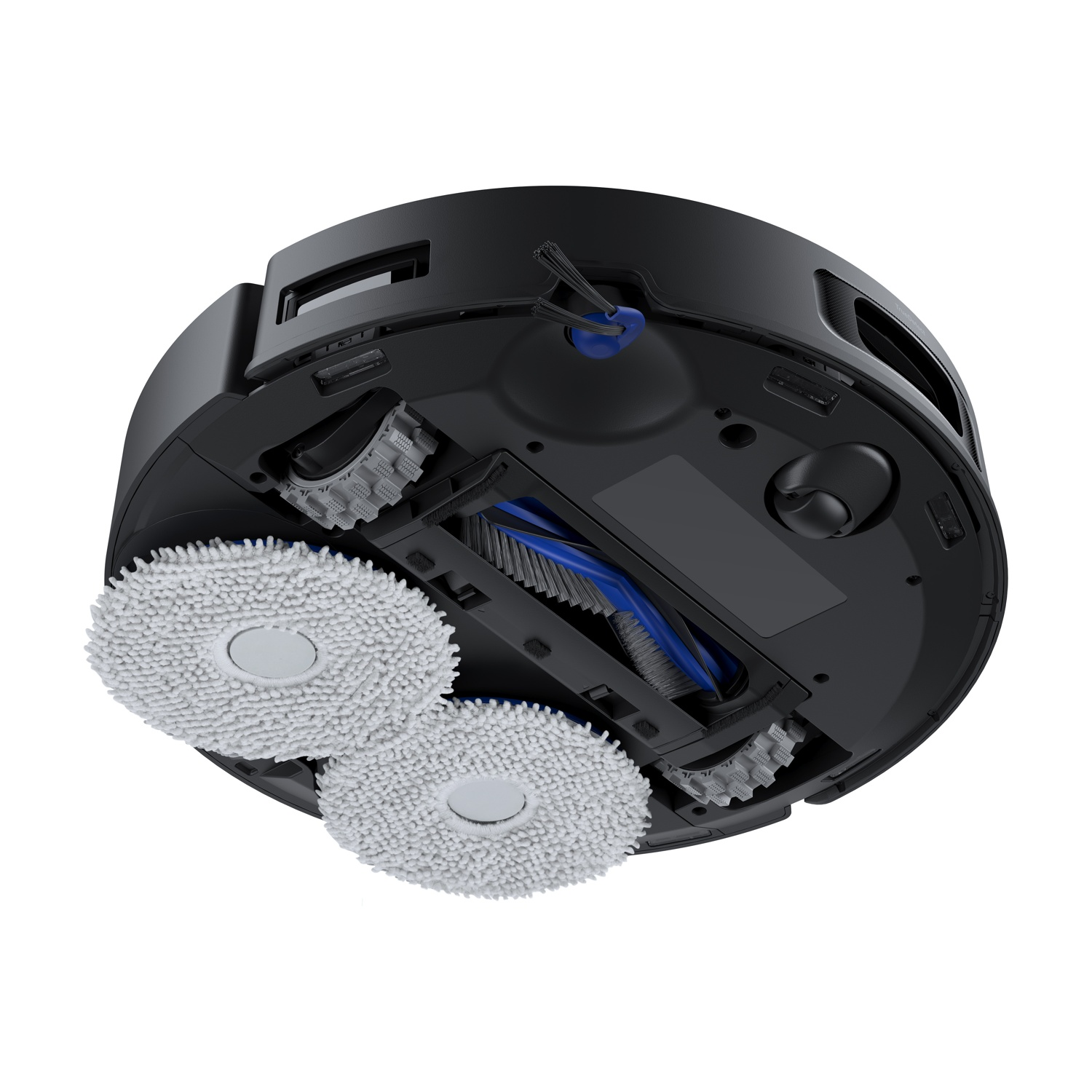Parte inferiore di un robot aspirapolvere nero con due panni rotanti e spazzole.