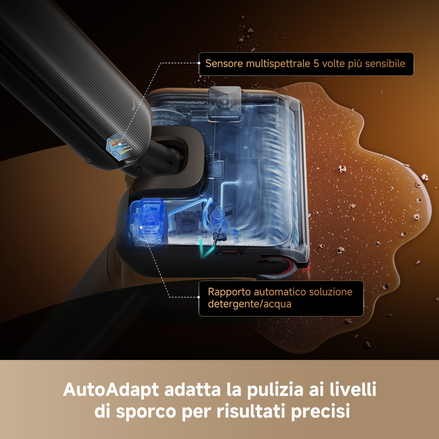 Primo piano di una testina di aspirazione con involucro trasparente che mostra liquidi.