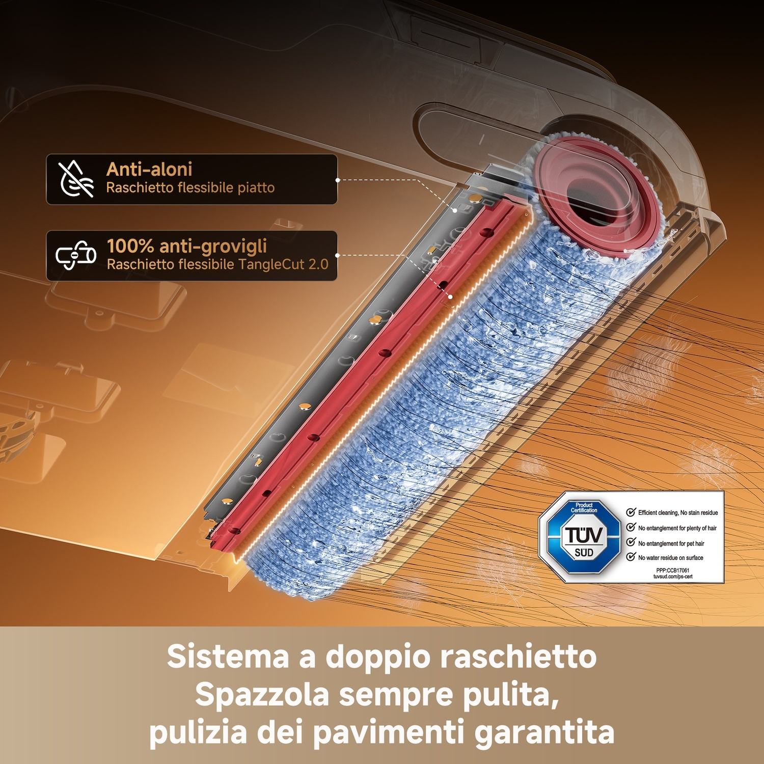 Dettaglio della testina di un aspirapolvere con spazzola rotante e indicazioni.