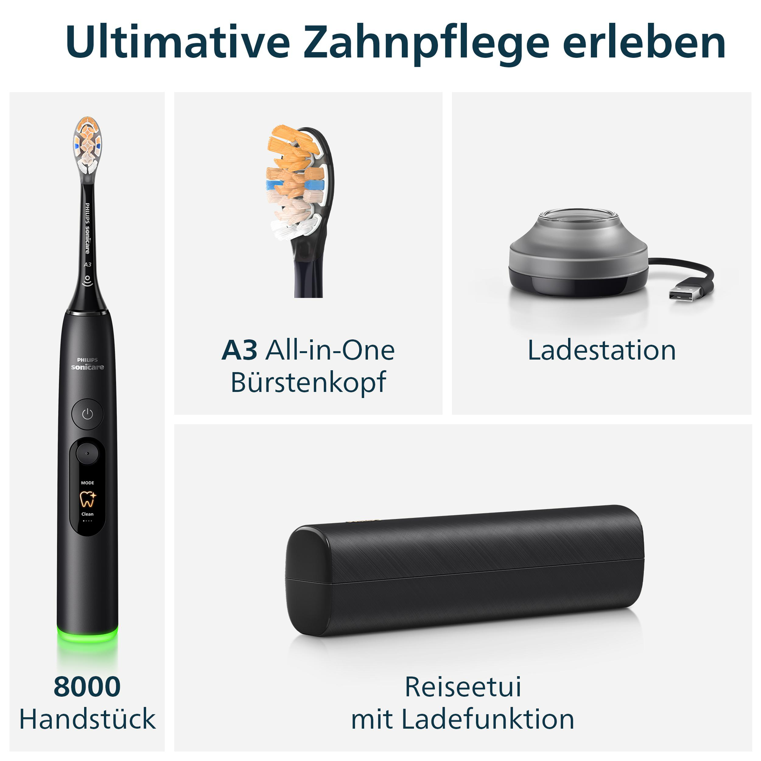 Elektrische Zahnbürste, Bürstenkopf, Ladestation und Reiseetui.