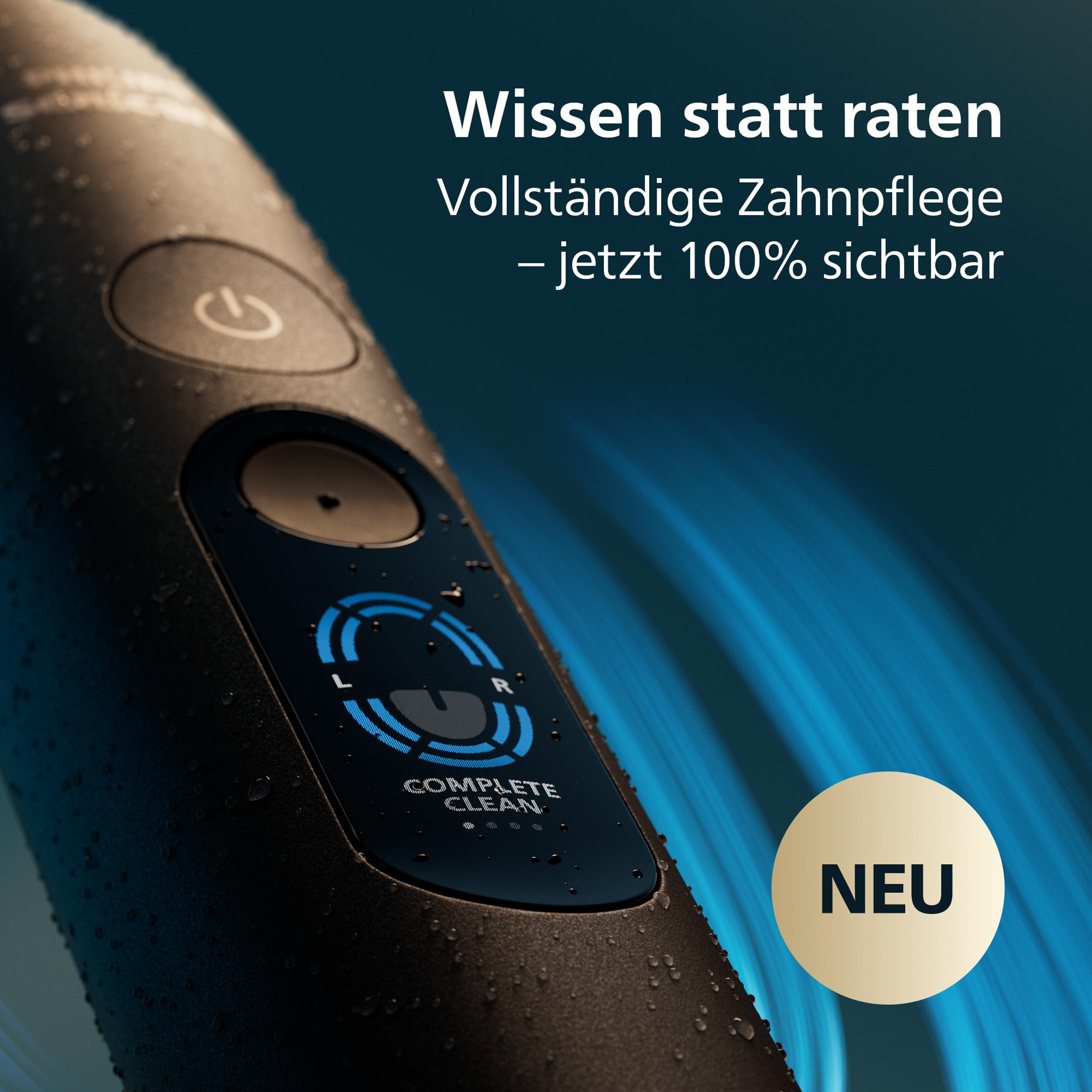 Ein schwarzer elektrischer Rasierer mit Wassertropfen und dem Text "NEU".