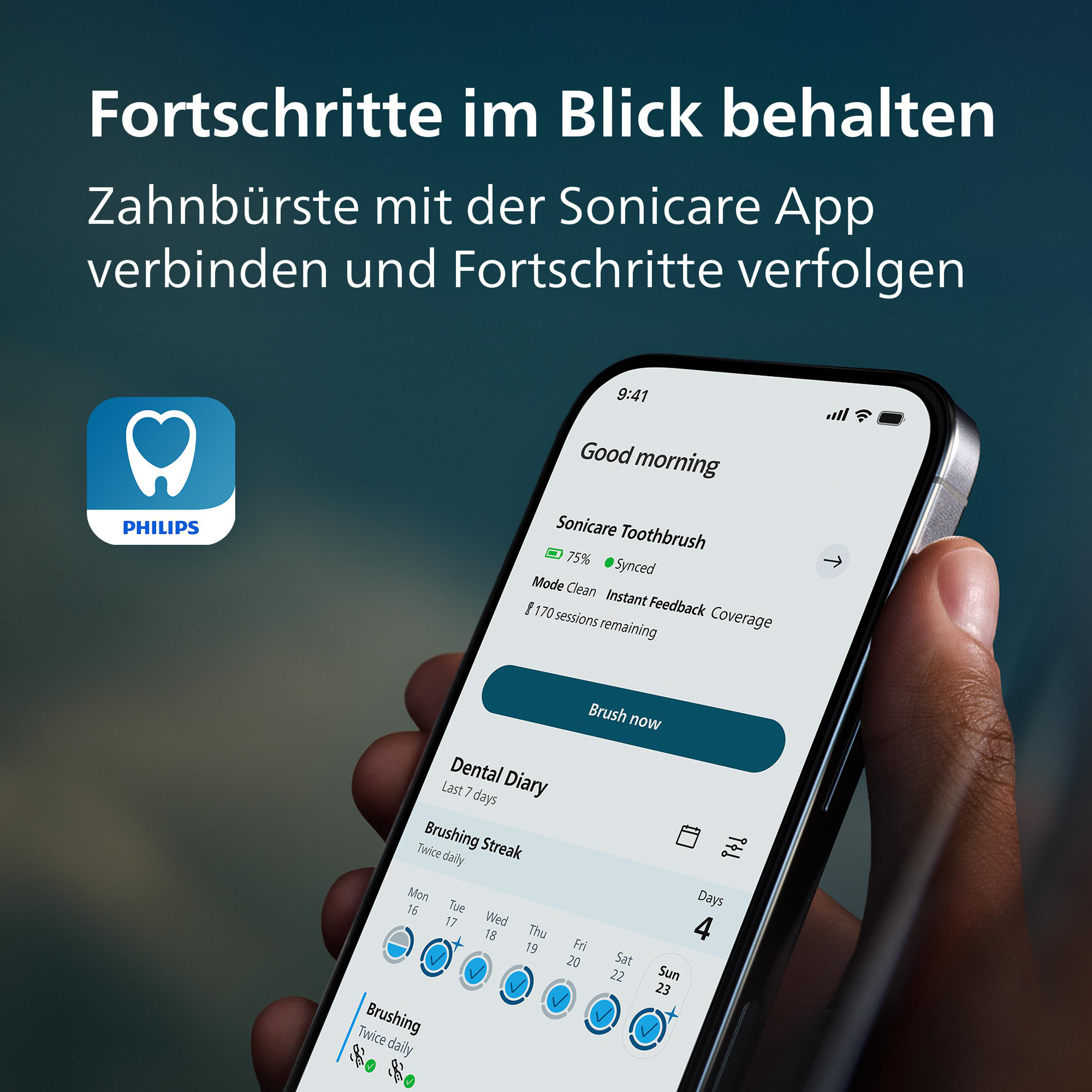 Eine Hand hält ein Smartphone, das die Philips Sonicare App mit Zahnputzstatistiken anzeigt.