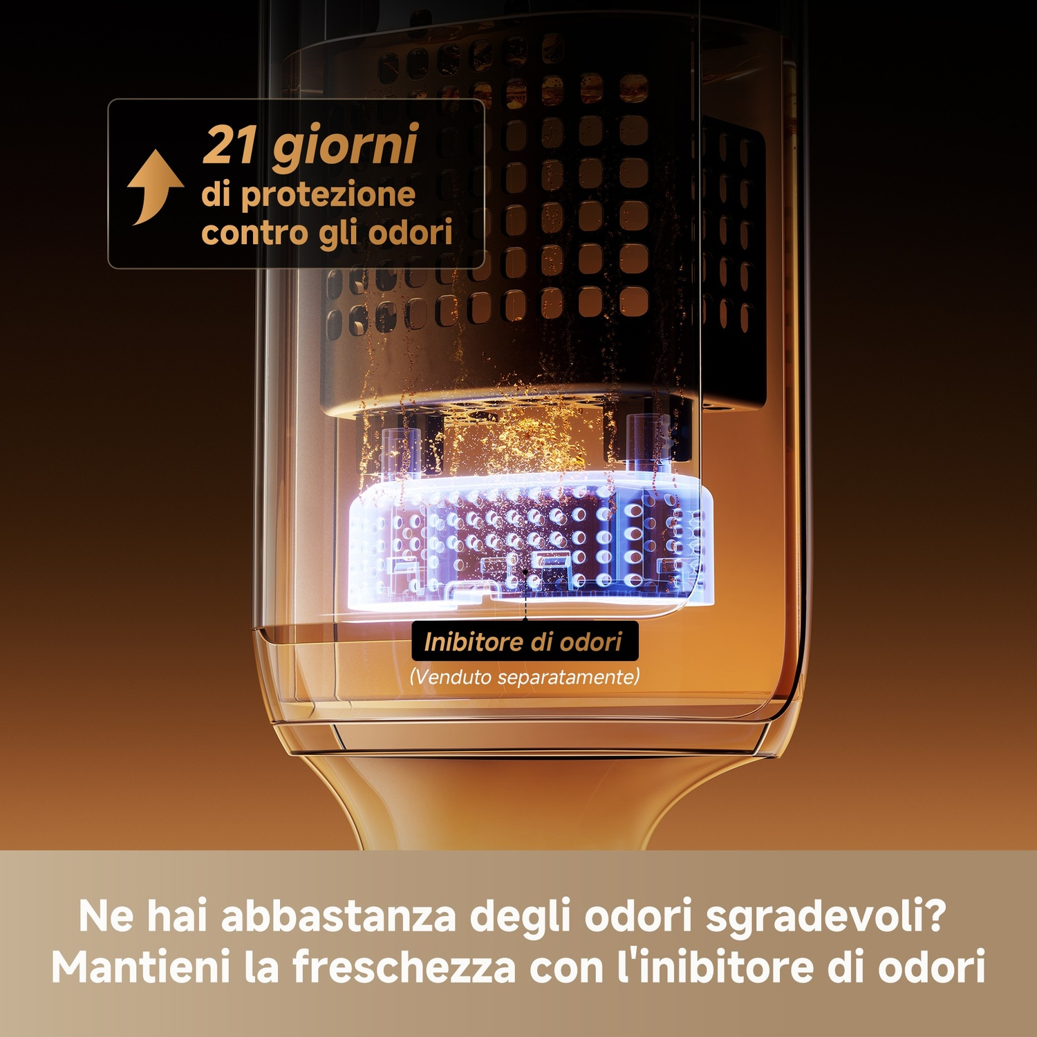Interno dispositivo con nucleo blu luminoso e liquido dorato. Protezione odori 21 giorni.